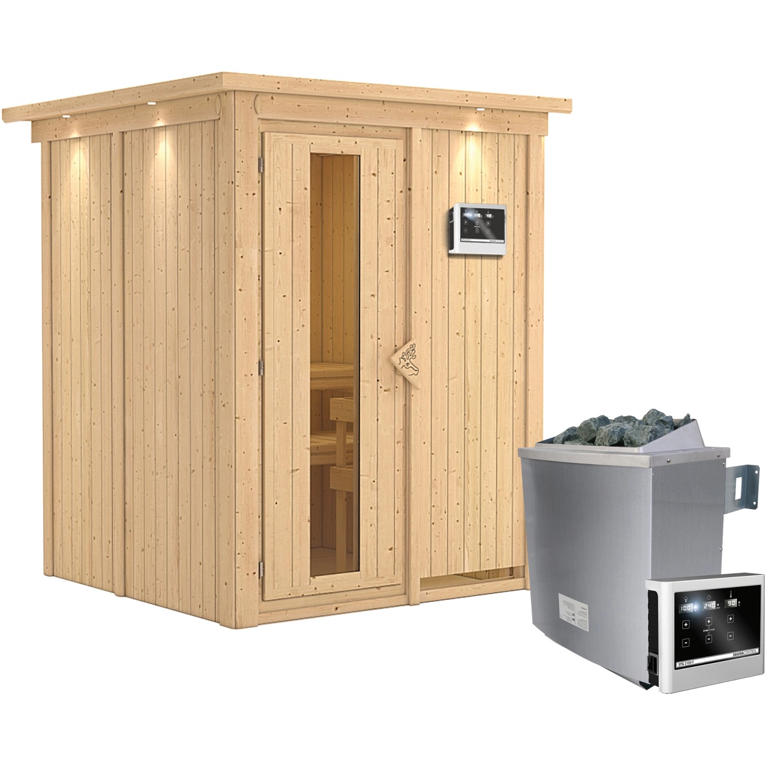 Karibu Sauna Norna inkl. Ofen 9 kW mit ext. Steuerung, Dachkranz, Energiesp günstig online kaufen