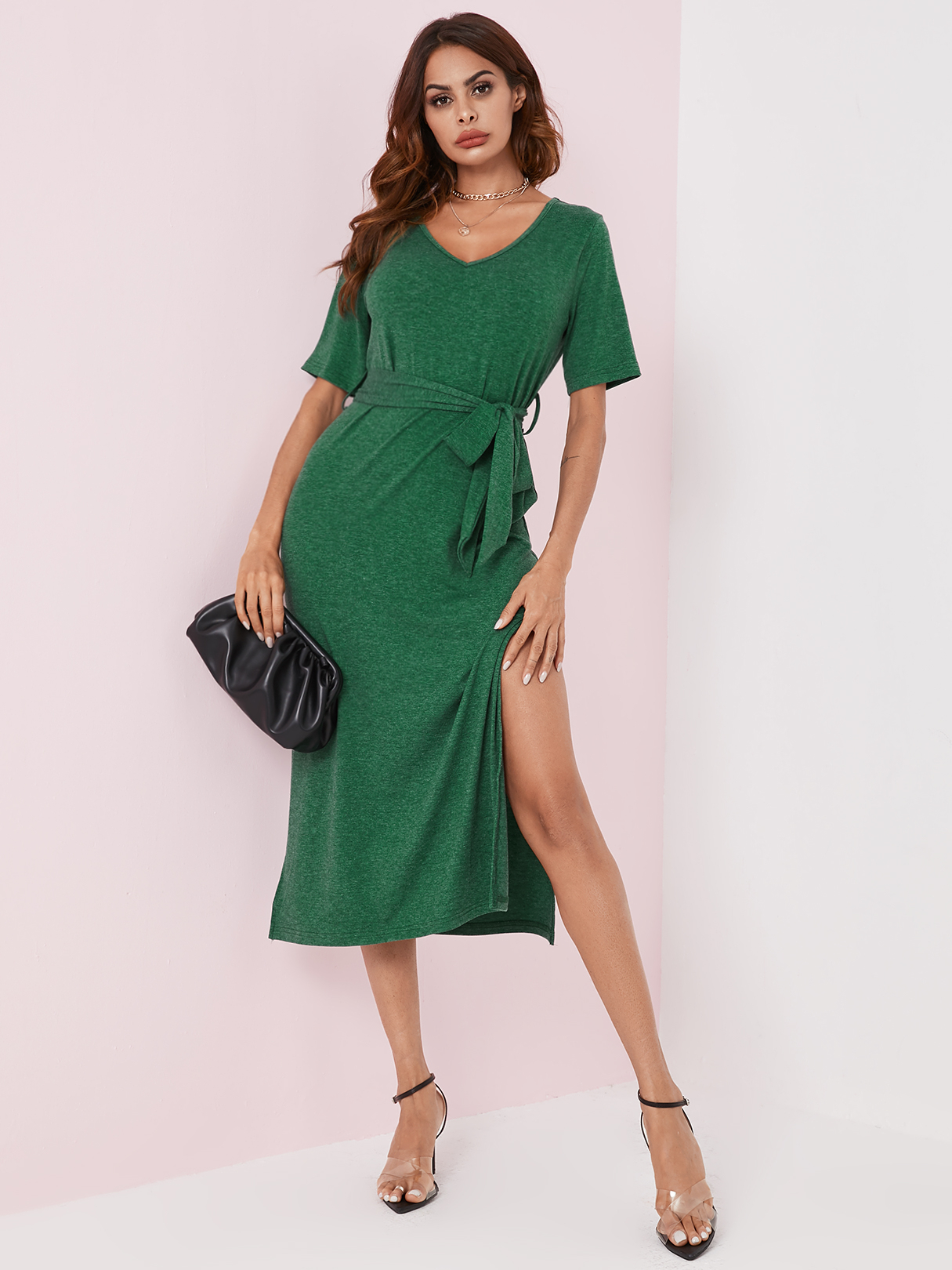 YOINS Belt Design V-Ausschnitt Kurzarm Slit Design Kleid günstig online kaufen