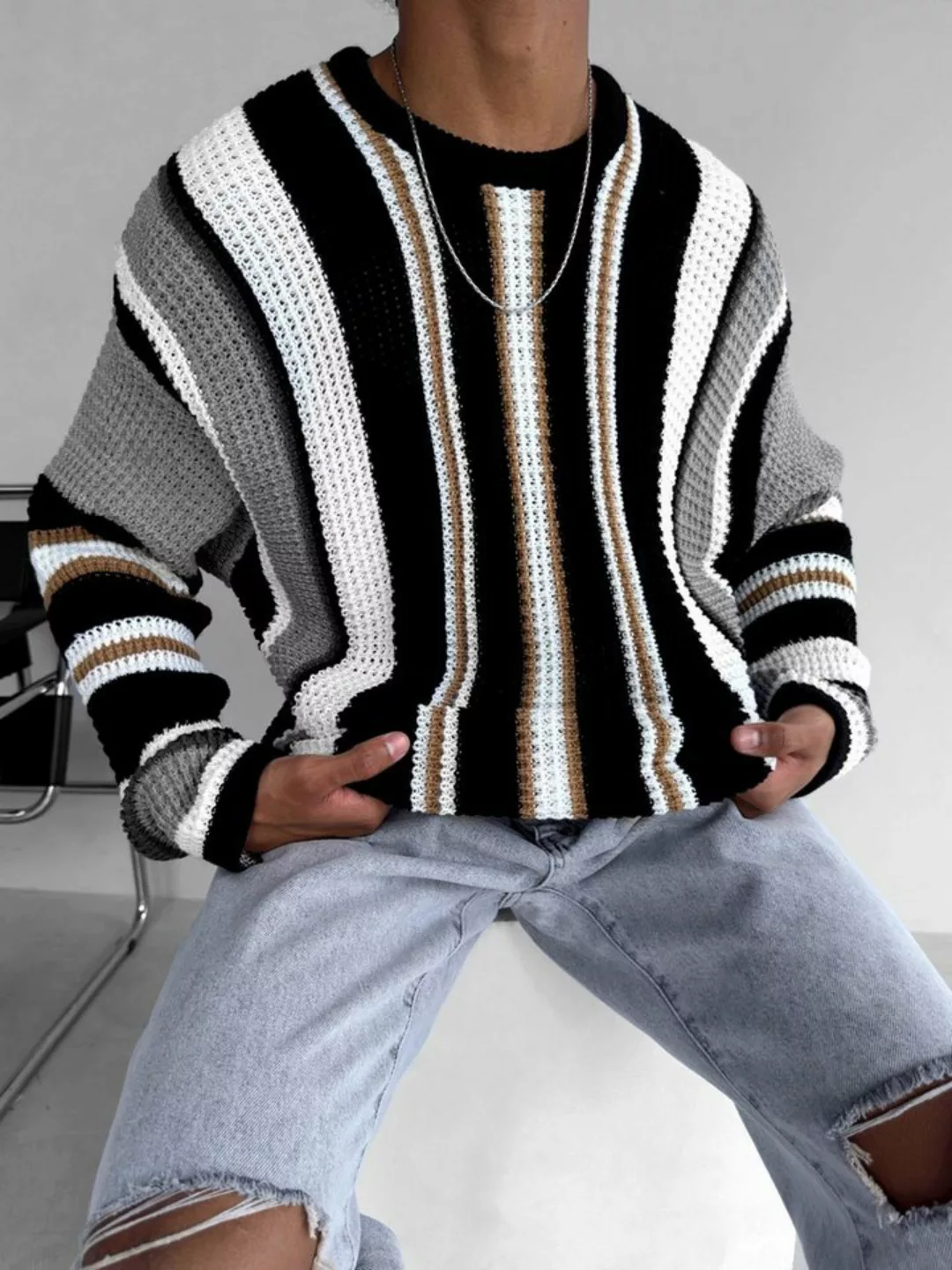 Abluka Sweatshirt Gestreifter Strickpullover Oversize Strickpullover mit St günstig online kaufen