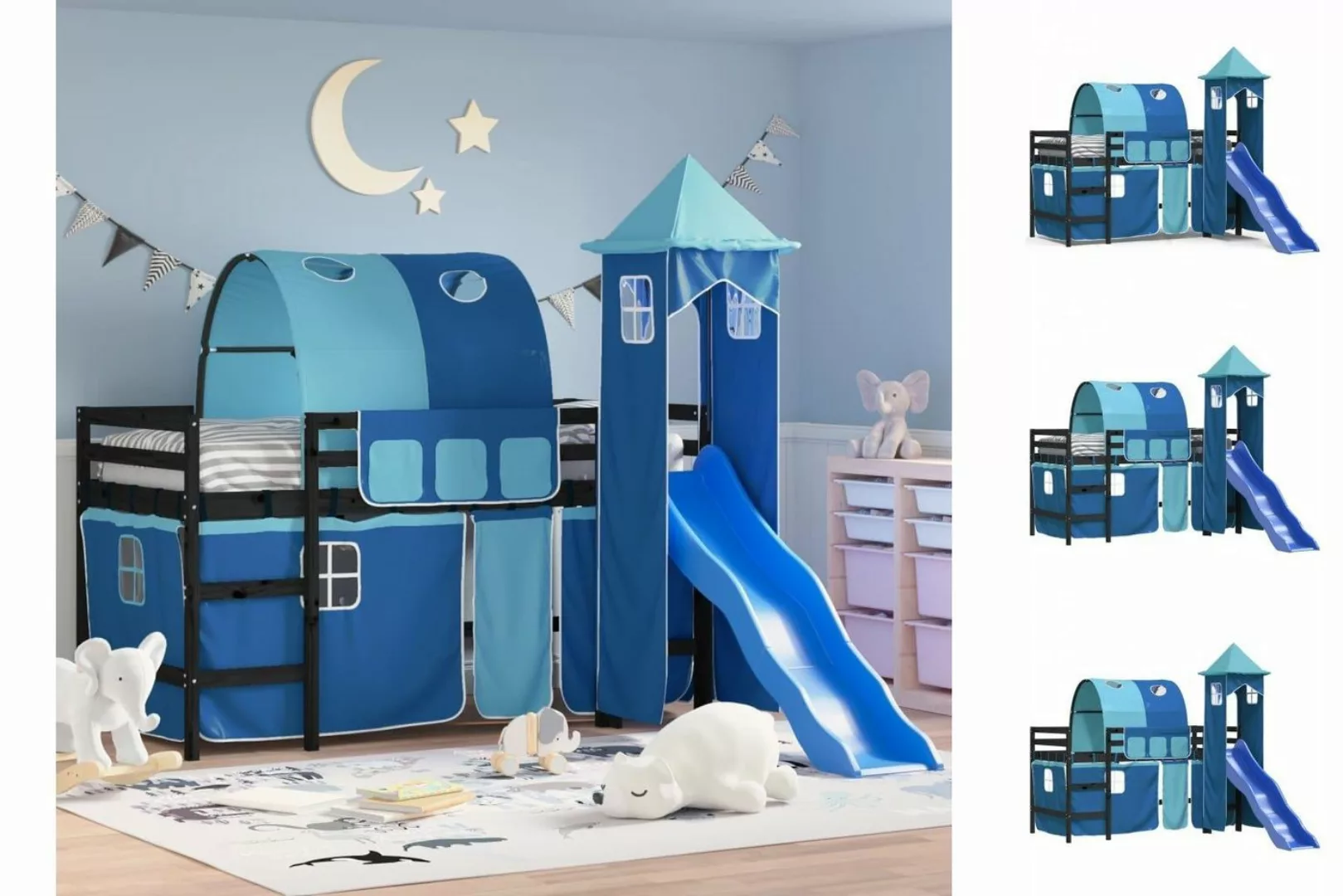 vidaXL Etagenbett Kinderhochbett mit Turm Blau 90x200 cm Massivholz Kiefer günstig online kaufen