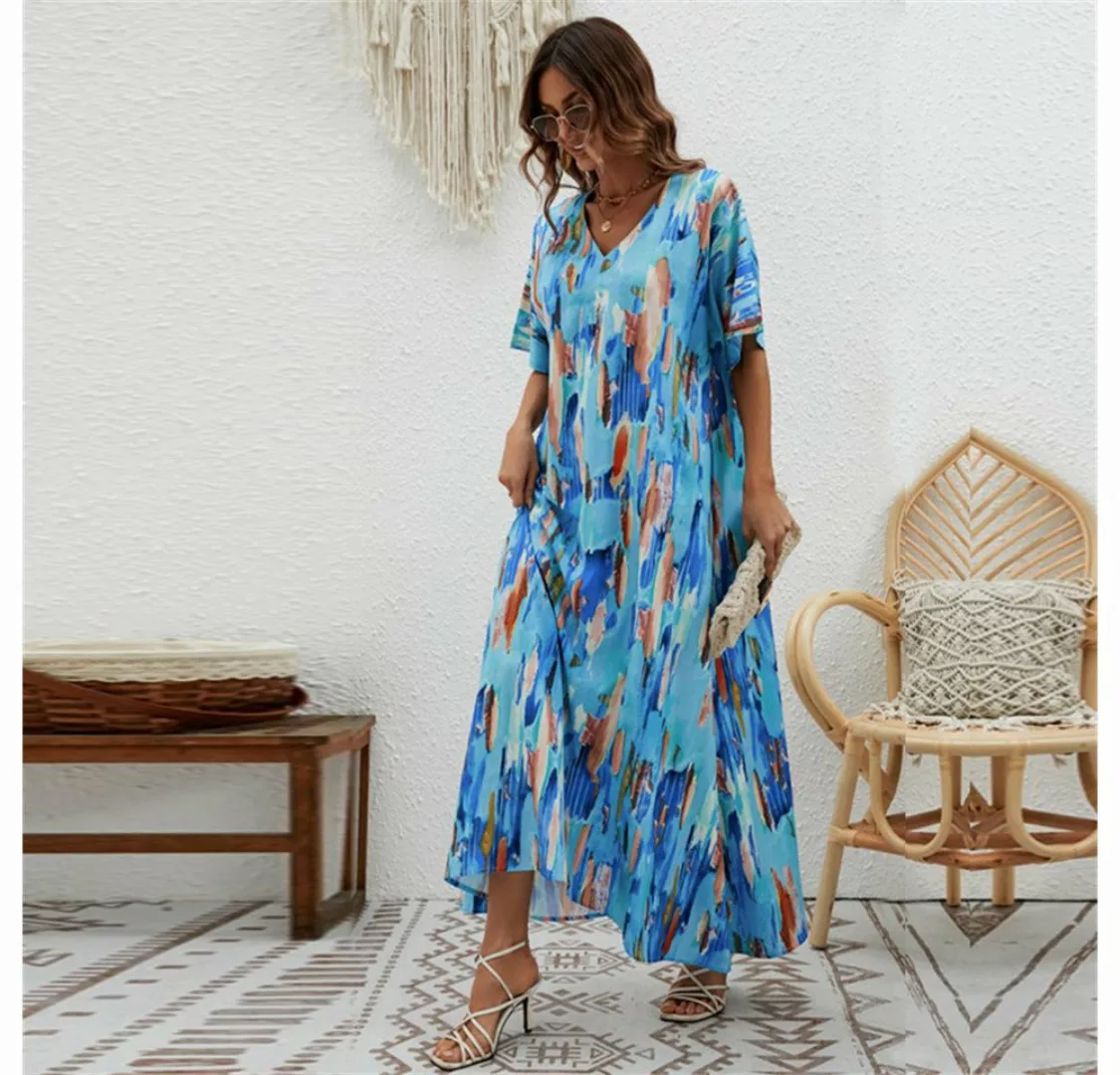 RUZU UG Dirndl Sommerliches langes Kleid V-Ausschnitt, bedrucktes Kurzarmkl günstig online kaufen