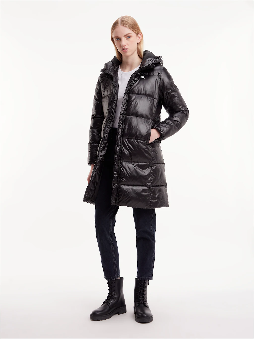 Calvin Klein Jeans Langjacke "SHINY LONG FITTED JACKET", mit Kapuze, in glä günstig online kaufen