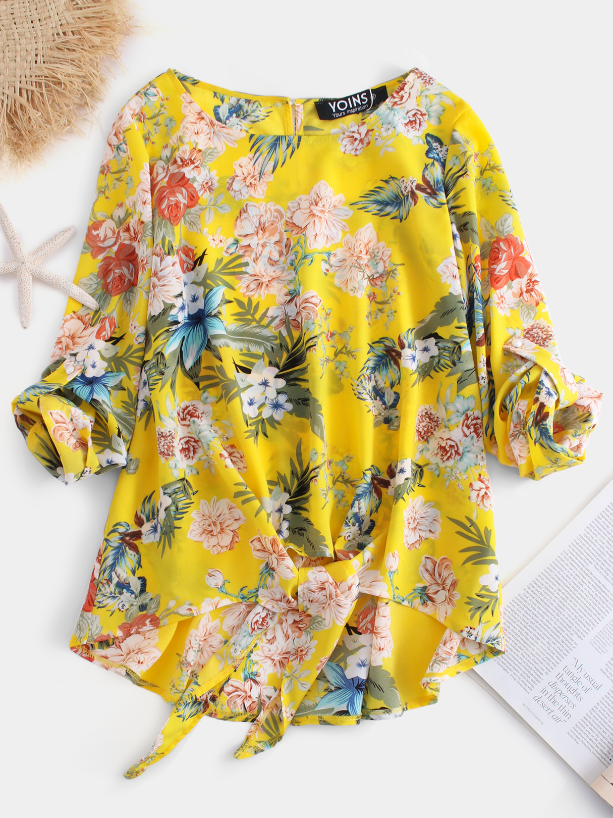YOINS Yellow Kontted Verstellbare Bluse mit rundem Hals und tropischem Prin günstig online kaufen