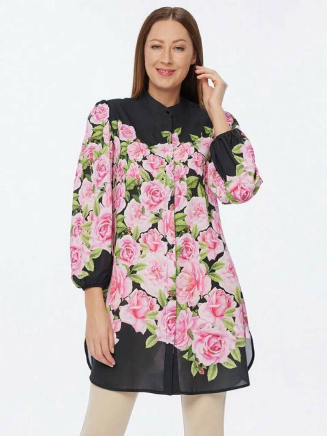 Sarah Kern Longbluse Shirtkleid figurbetont mit Floralprint günstig online kaufen