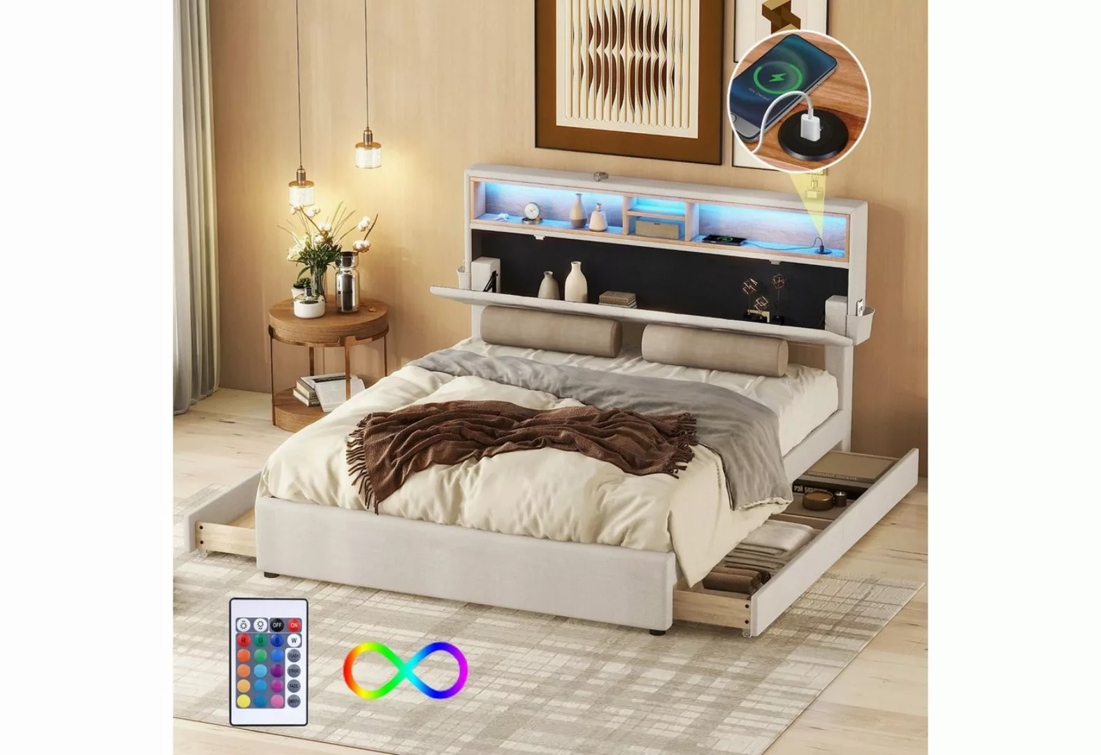 Celya Polsterbett 140 x 200 cm Doppelbett mit USB-Aufladung und LED-Beleuch günstig online kaufen