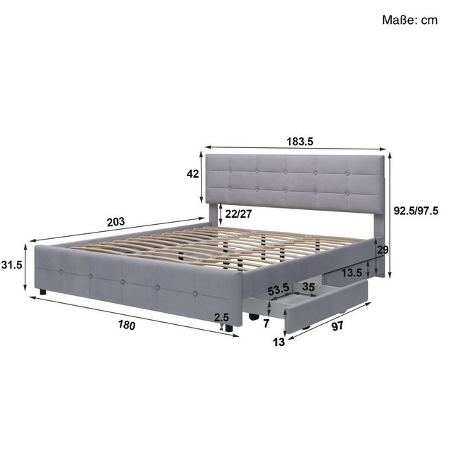 SOFTWEARY Polsterbett Doppelbett mit 4 Schubladen und Lattenrost (180x200 c günstig online kaufen