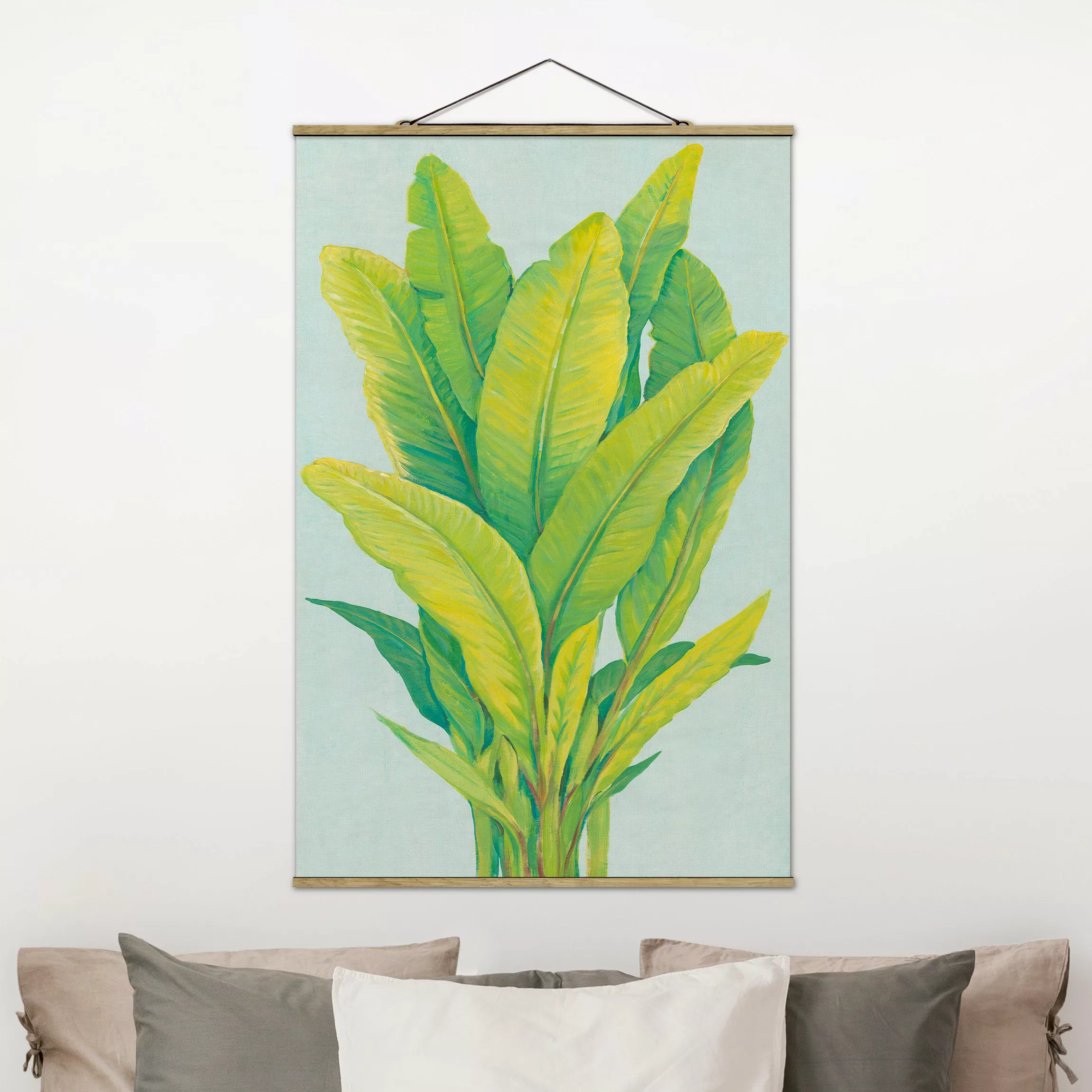 Stoffbild Blumen mit Posterleisten - Hochformat Gelbgrüne Bananenblätter günstig online kaufen