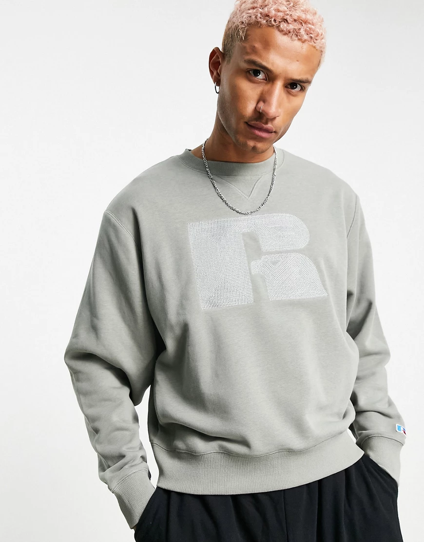 Russell Athletic – Sweatshirt in Grau mit Rundhalsausschnitt und Logosticke günstig online kaufen