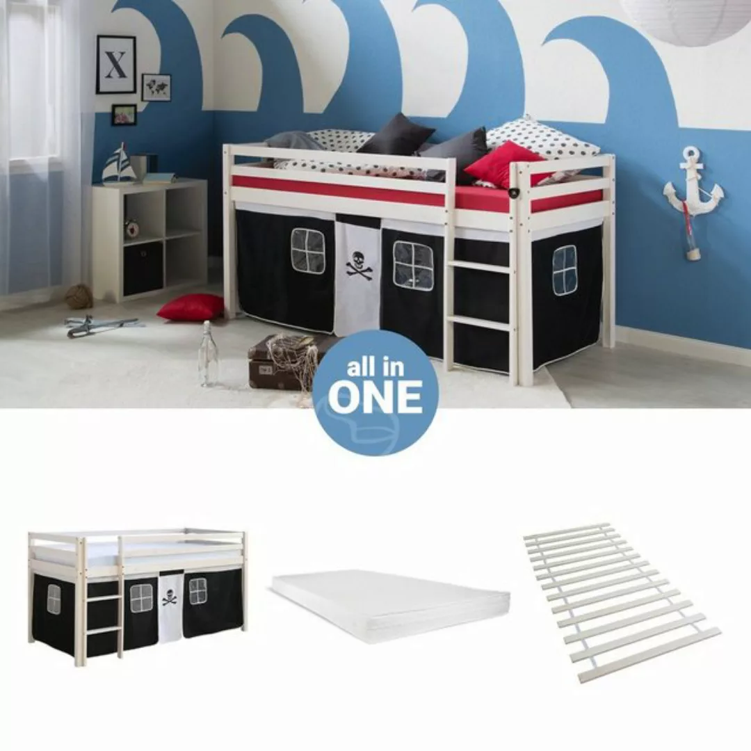 Homestyle4u Hochbett 90x200 cm Kinderbett Weiß mit Vorhang Spielbett für 1 günstig online kaufen