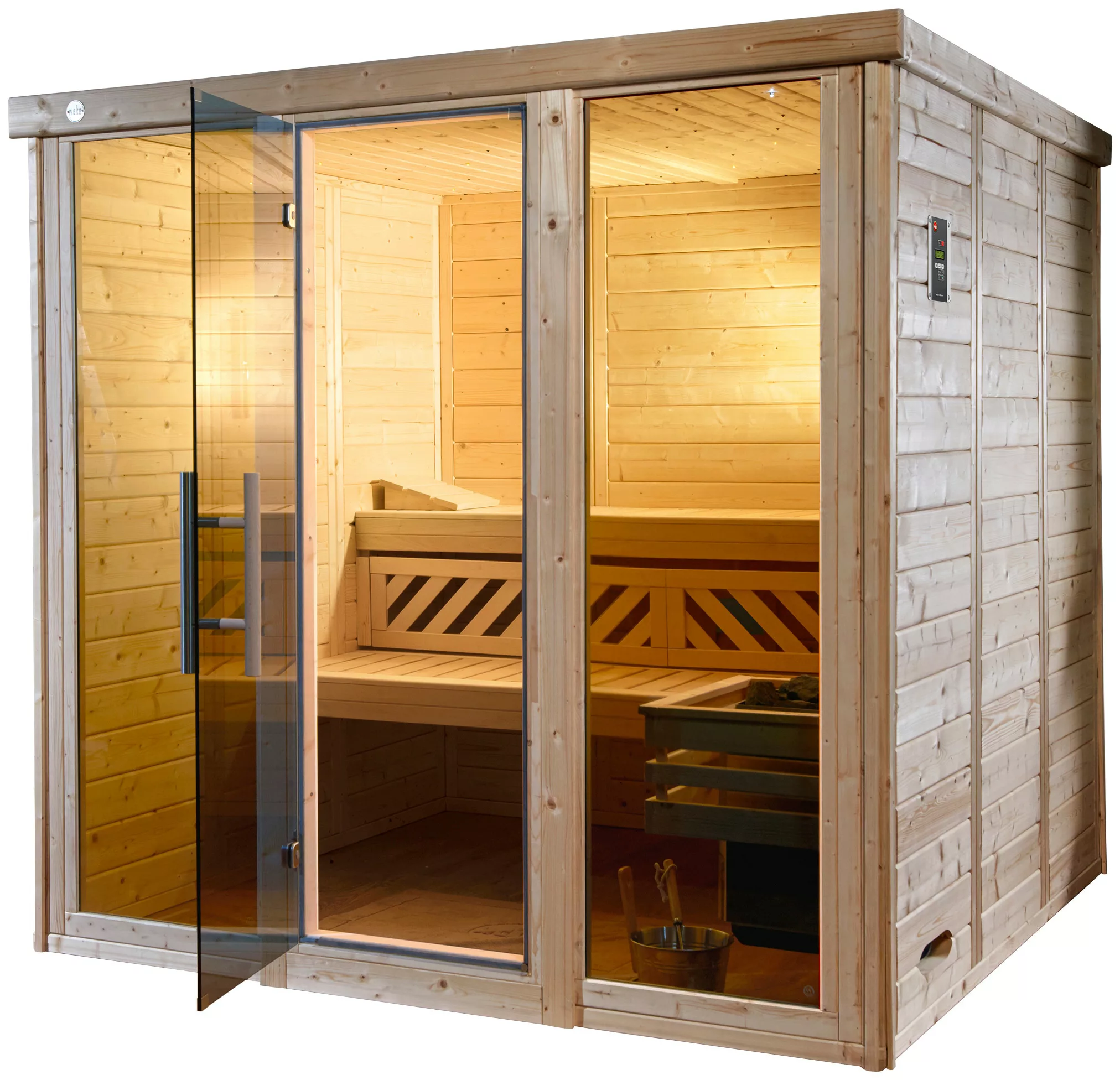 Weka Design-Sauna Kemi Panorama 3 inkl. Saunaofen 75 kW OS und Farbvisionen günstig online kaufen