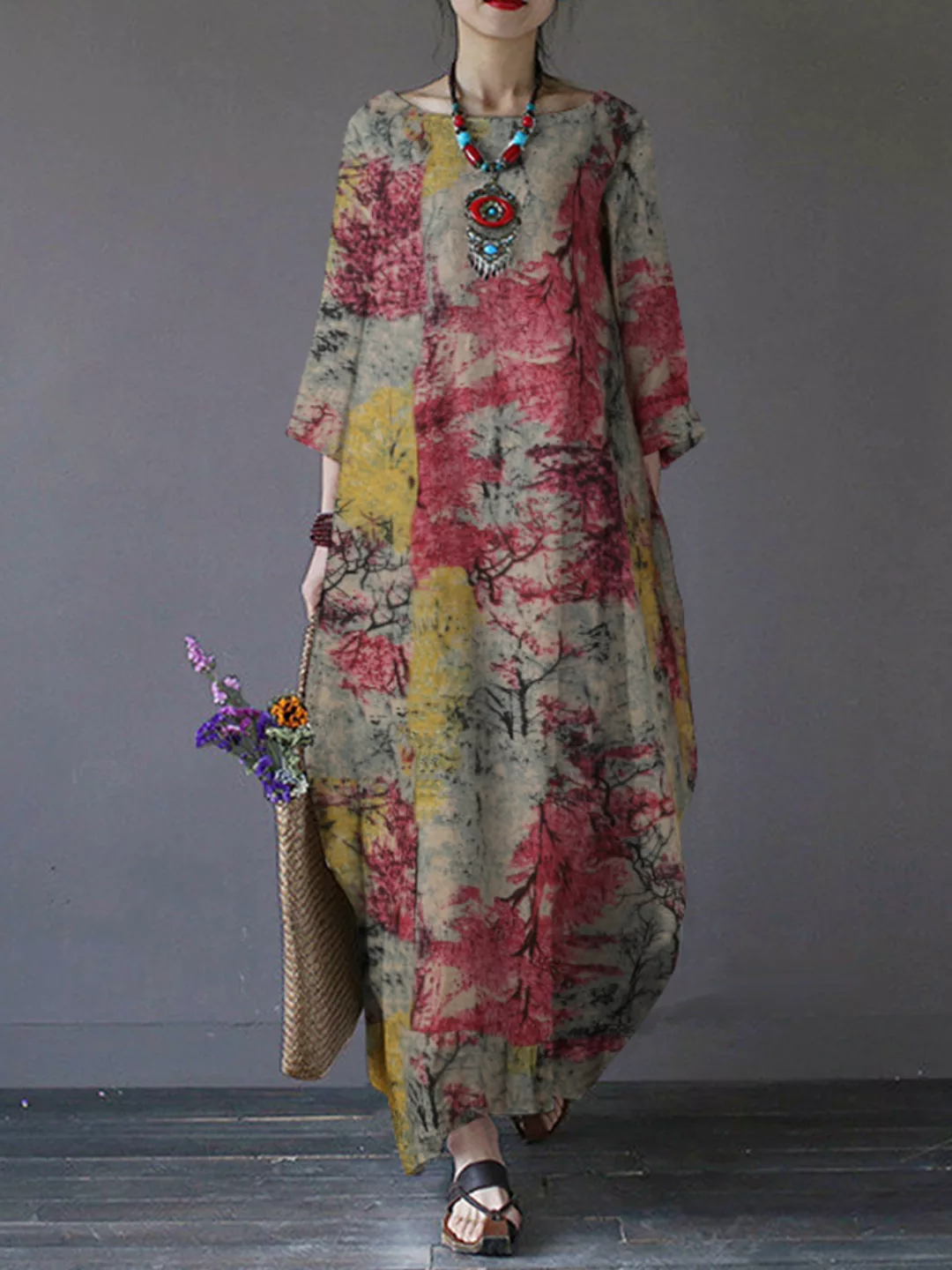 Bedruckte O-Ausschnitt-Seitentaschen Baumwolle 3/4 Ärmel lang Kleid günstig online kaufen