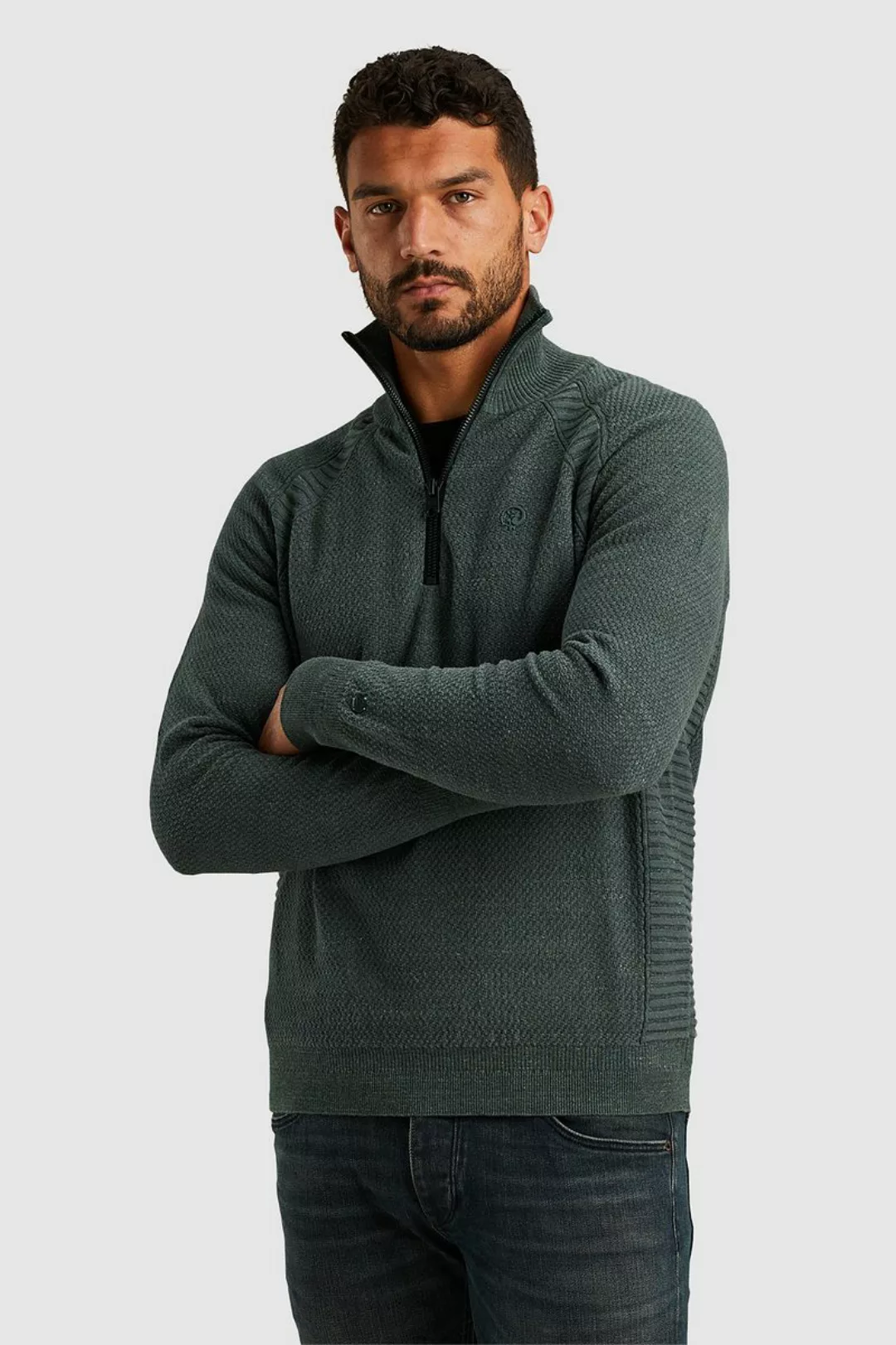 Cast Iron Knitted Half Zip Pullover Grün - Größe S günstig online kaufen