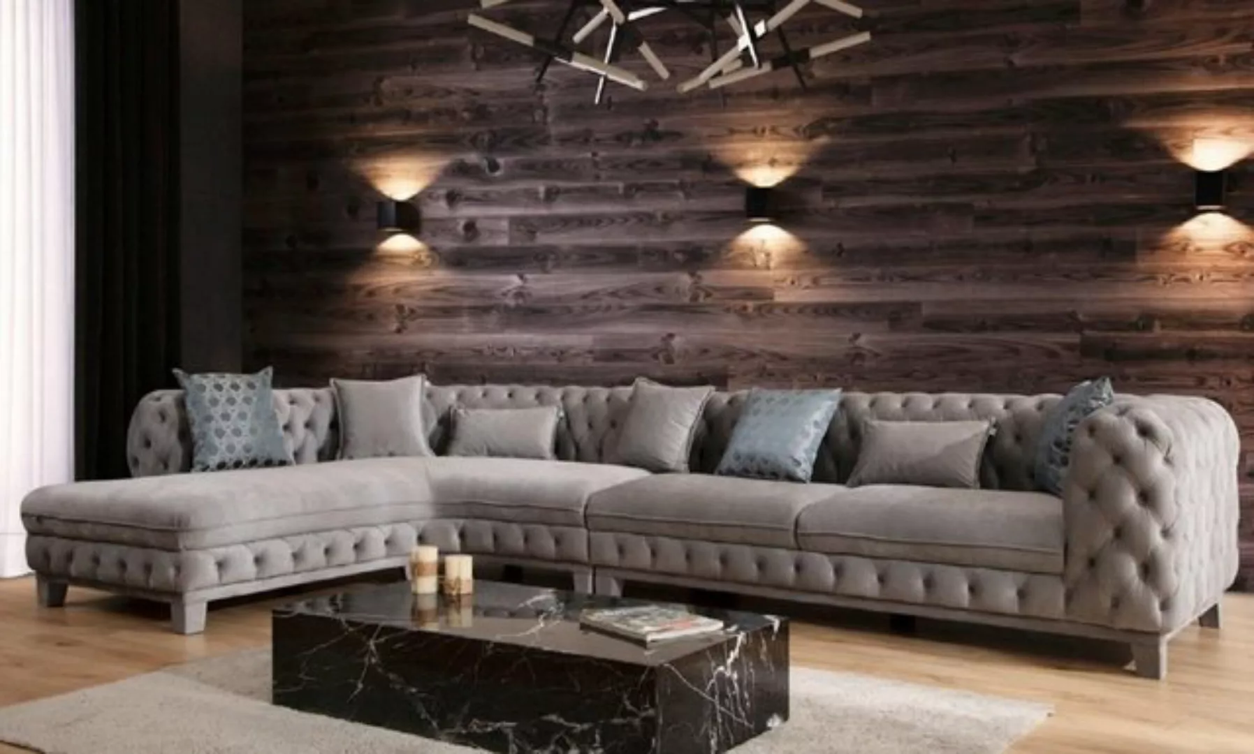 JVmoebel Ecksofa Grau Ecksofa L-Form Chesterfield Design Modern Sofa Textil günstig online kaufen