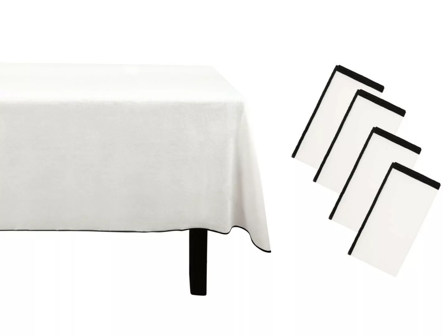 Set Tischdecke + 4 Servietten aus Leinen & Baumwolle - Schwarze Bordüre - W günstig online kaufen