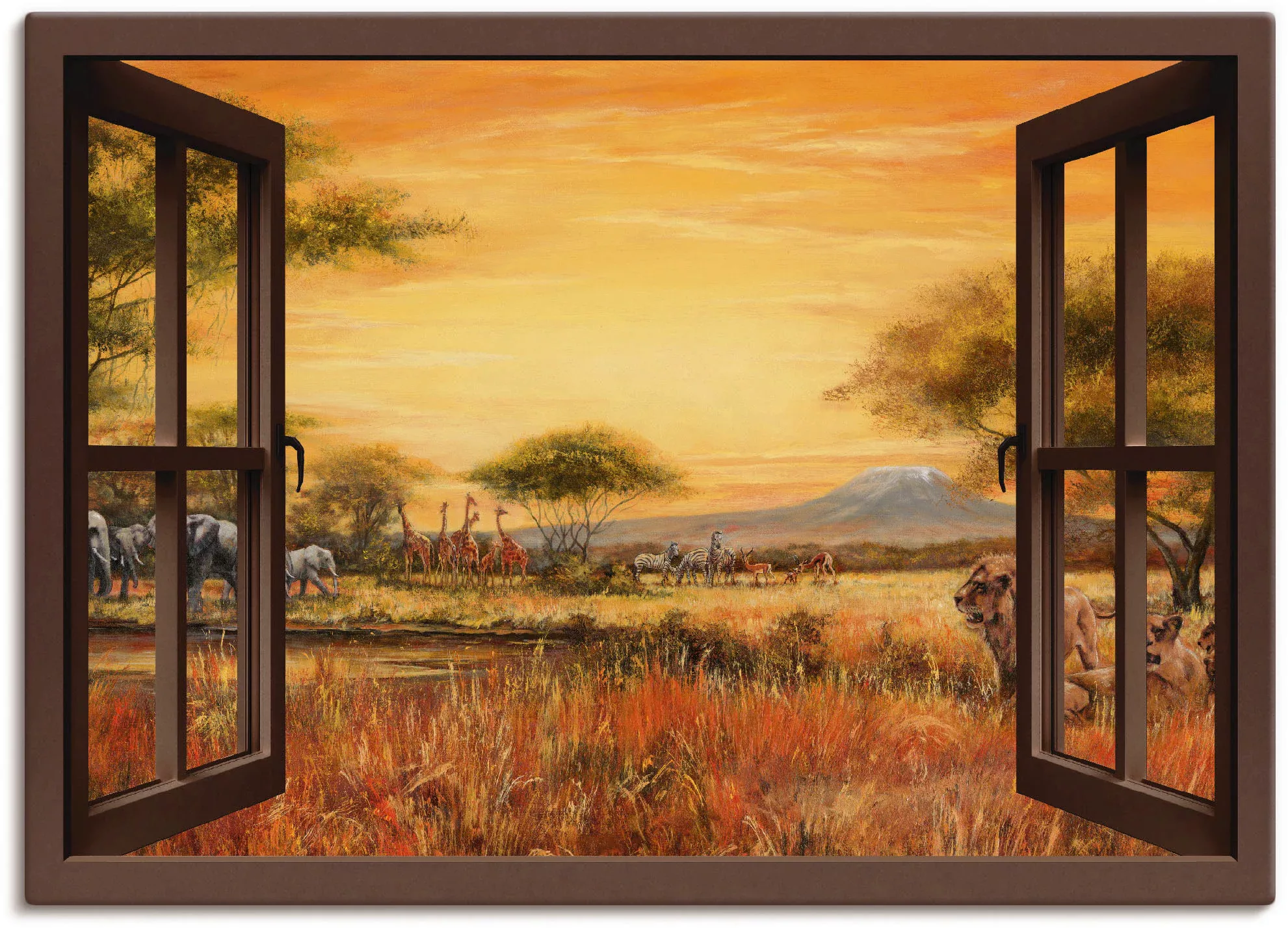 Artland Wandbild "Fensterblick Afrikanische Steppe Löwen", Fensterblick, (1 günstig online kaufen