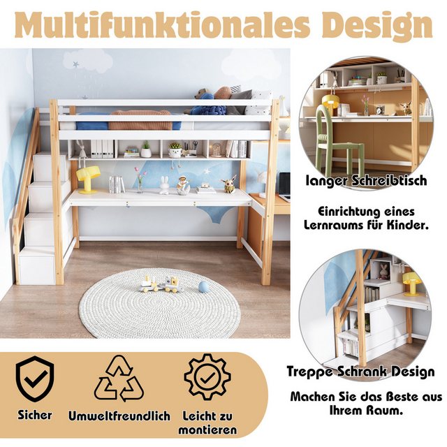 Flieks Hochbett Kinderbett mit Regale, Schreibtisch und Stauraumtreppe 90x2 günstig online kaufen