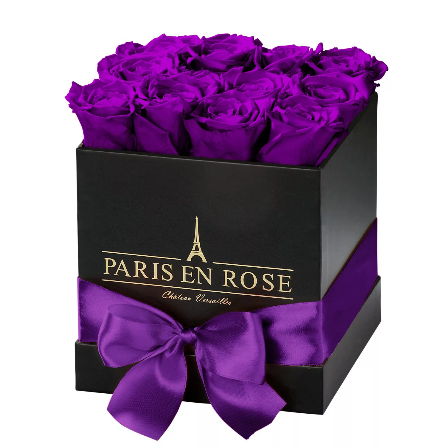 Rosenbox eckig Schwarz mit Schleife und 12 Violetten Rosen günstig online kaufen