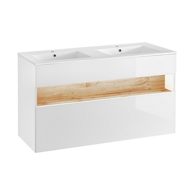 Badezimmer Doppel Waschtisch Set mit Keramikbecken BERMUDA-56 in weiß-Hochg günstig online kaufen