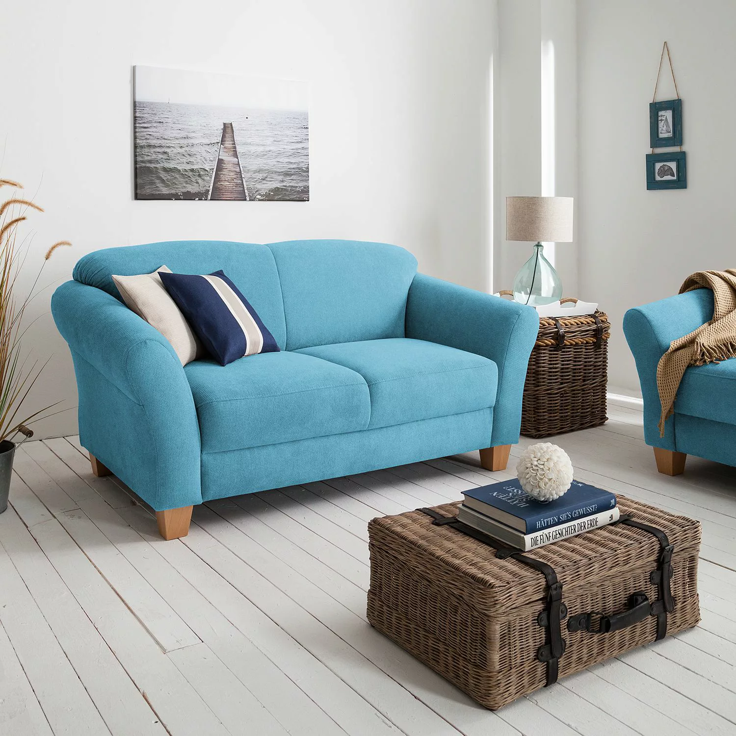 home24 Ars Natura Sofa Cebu 2-Sitzer Hellblau Webstoff 163x84x89 cm günstig online kaufen