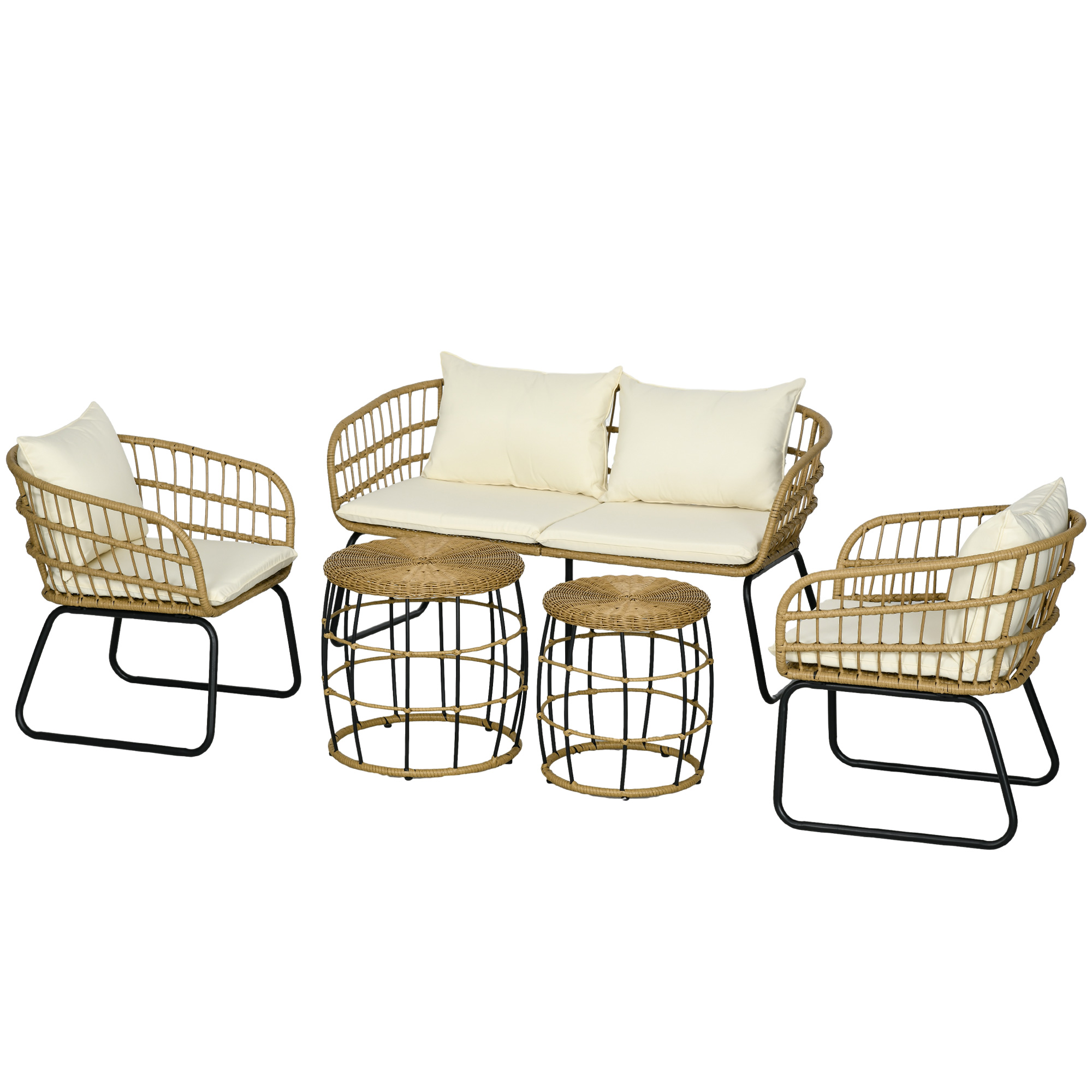 Outsunny 5 tlg Rattan Gartenmöbel-Set mit Kissen, 2 Couchtischen, 2 Sesseln günstig online kaufen