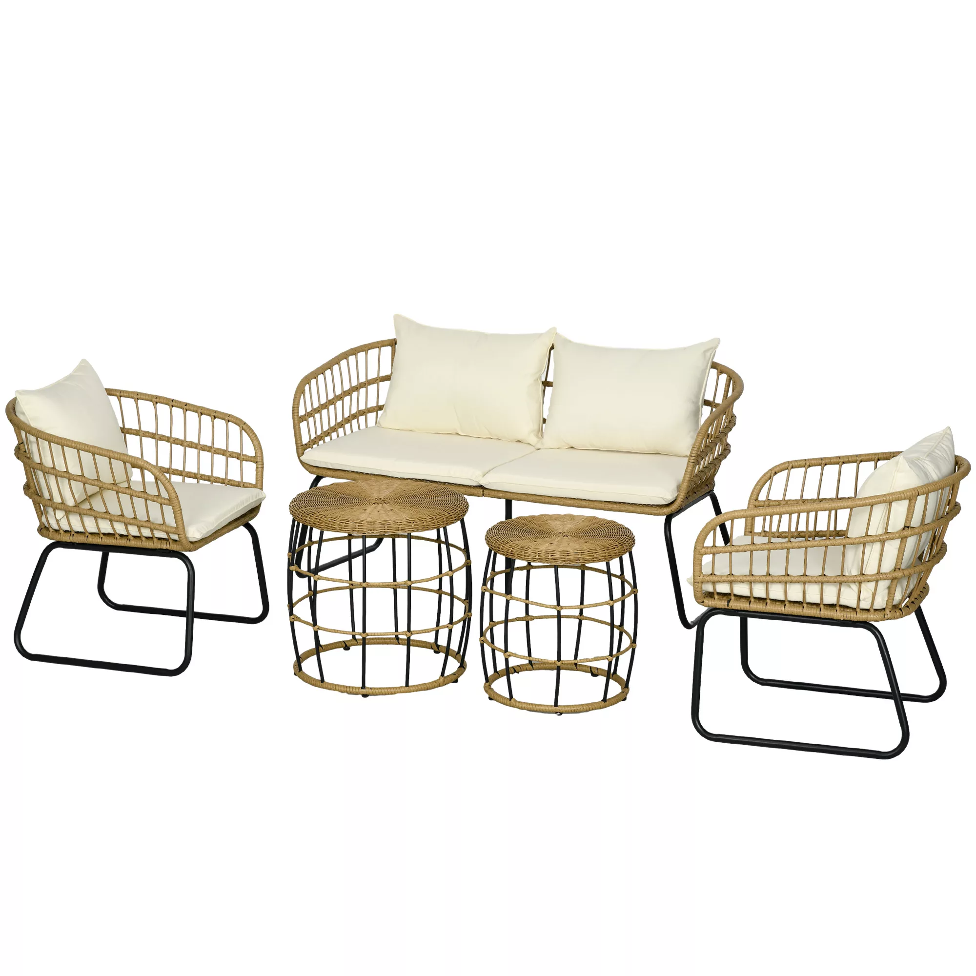 Outsunny 5 tlg Rattan Gartenmöbel-Set mit Kissen, 2 Couchtischen, 2 Sesseln günstig online kaufen