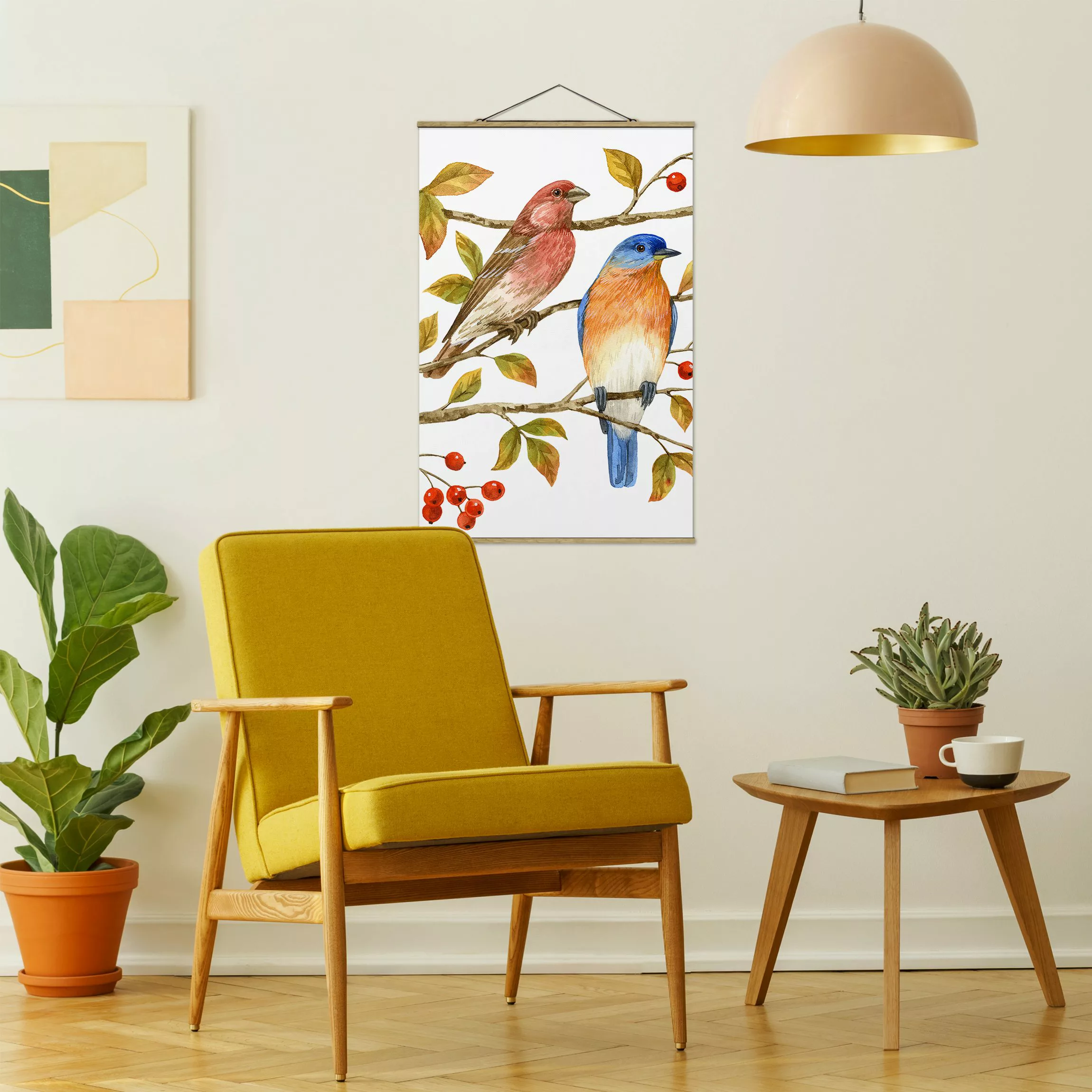 Stoffbild Tiere mit Posterleisten - Hochformat Vögel und Beeren - Hüttensän günstig online kaufen
