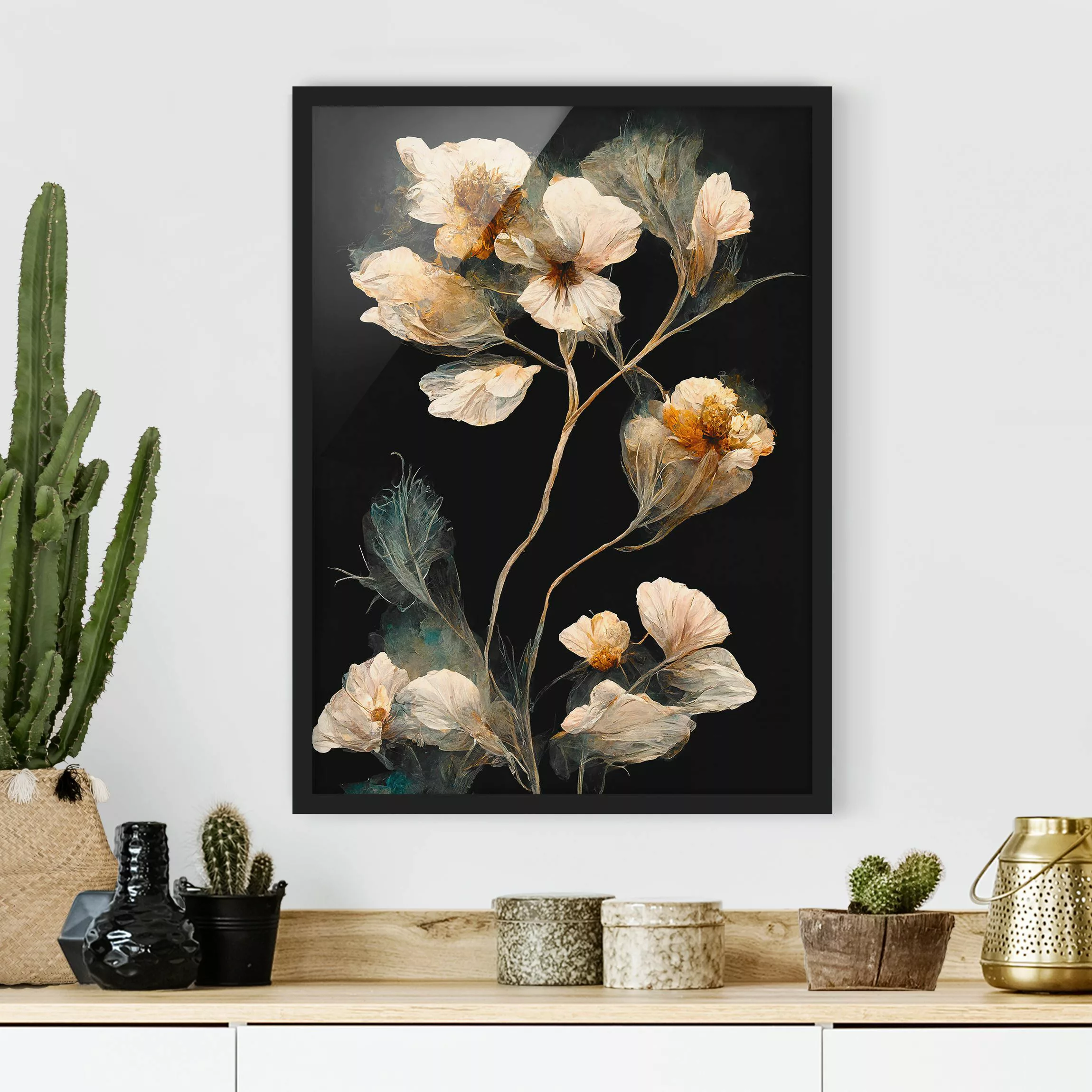 Bild mit Rahmen Helle Blüten auf Schwarz günstig online kaufen