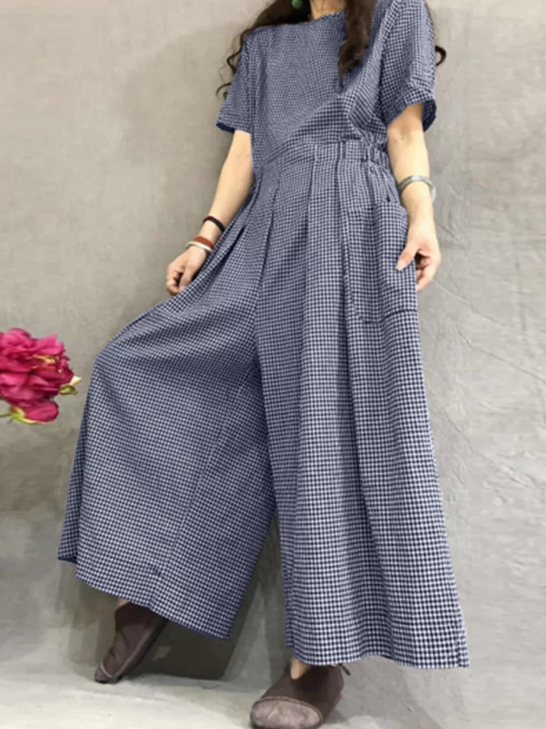 Plaid Print Weitbeinige Seitentaschen Kurzarm-Overalls günstig online kaufen