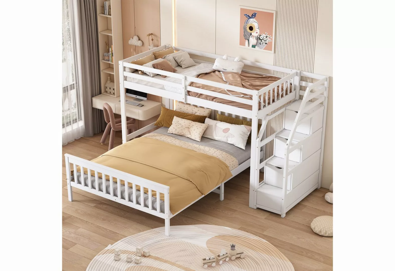 OKWISH Kinderbett Holzbett Hochbett (Aufbewahrungsleiter, EN747 zertifizier günstig online kaufen