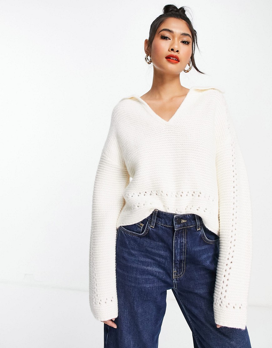 ASOS DESIGN – Pullover mit offenem Ausschnitt und Kragendetail in Creme-Neu günstig online kaufen