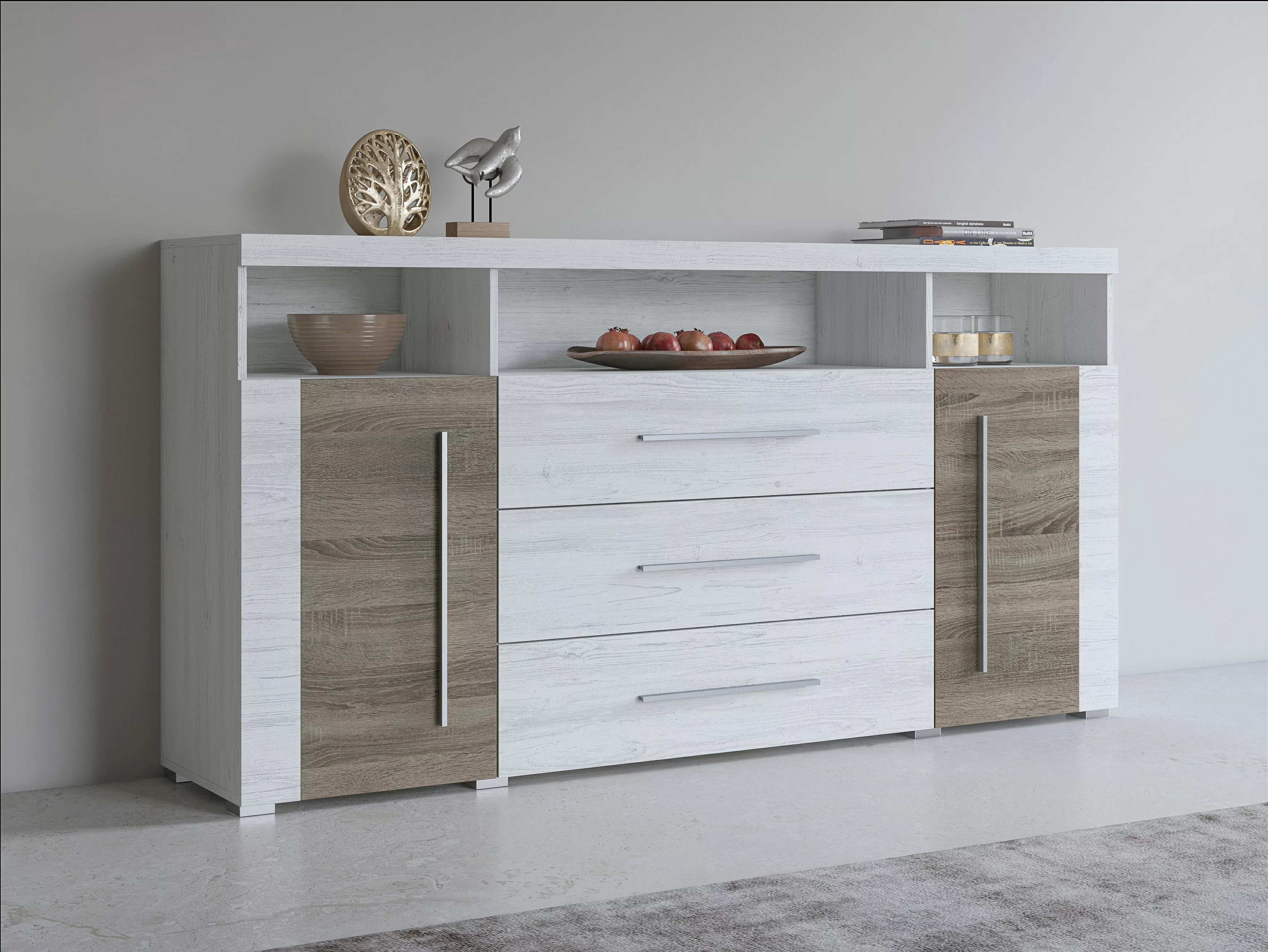 Helvetia Sideboard "Roger,Breite 182cm, stilvolle Schrank, 2 Holztüren 3 Sc günstig online kaufen