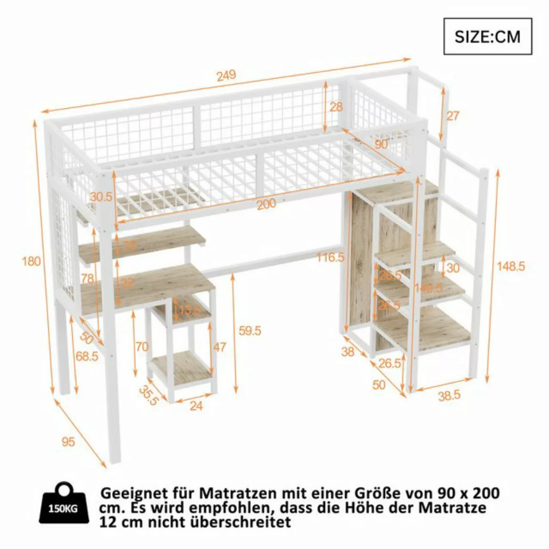 SeedWave Hochbett Hochbett mit Schreibtisch und Schrank, Metall-Stockbett 9 günstig online kaufen