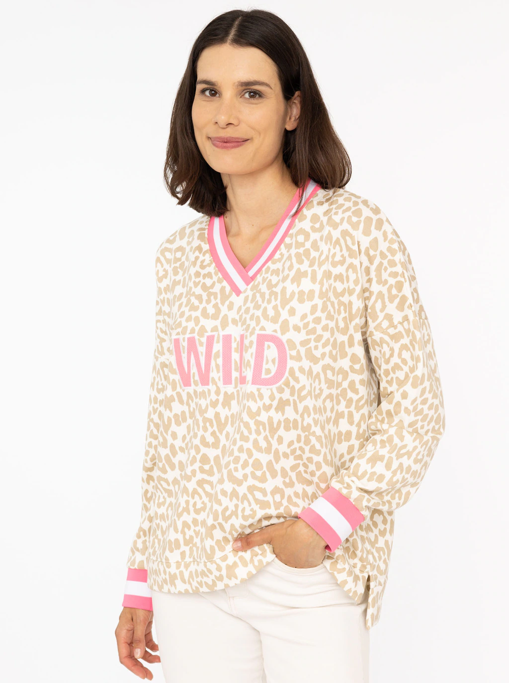 Zwillingsherz Sweatshirt ""Leo Pastell"", mit V-Ausschnitt, gestreiften Bün günstig online kaufen