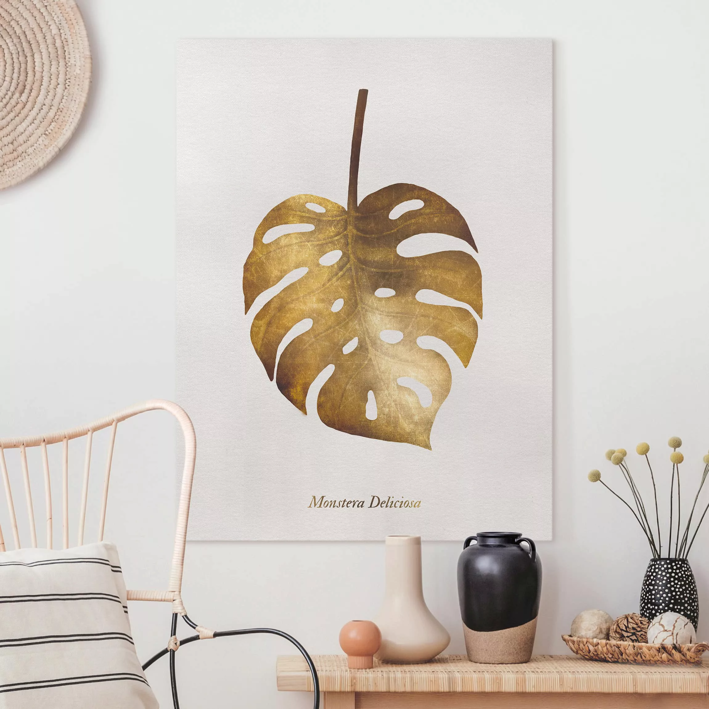 Leinwandbild Blumen - Hochformat Gold - Monstera günstig online kaufen