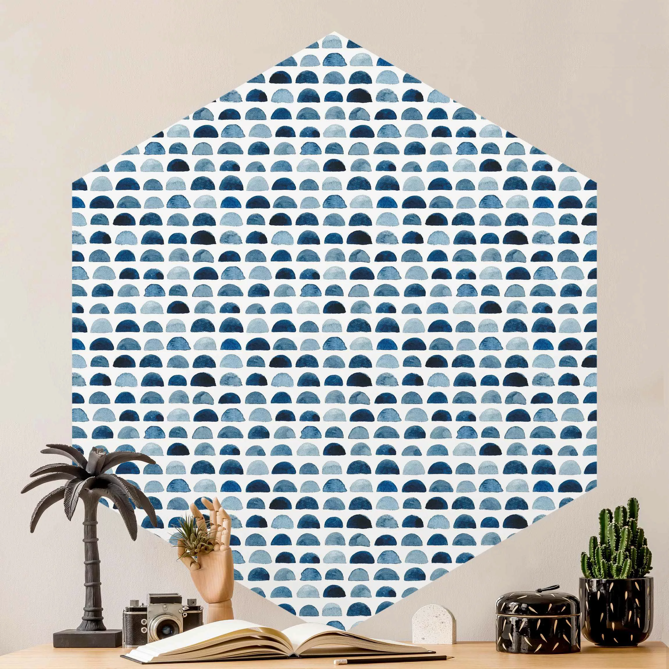 Hexagon Mustertapete selbstklebend Aquarell Halbkreise in Indigo günstig online kaufen