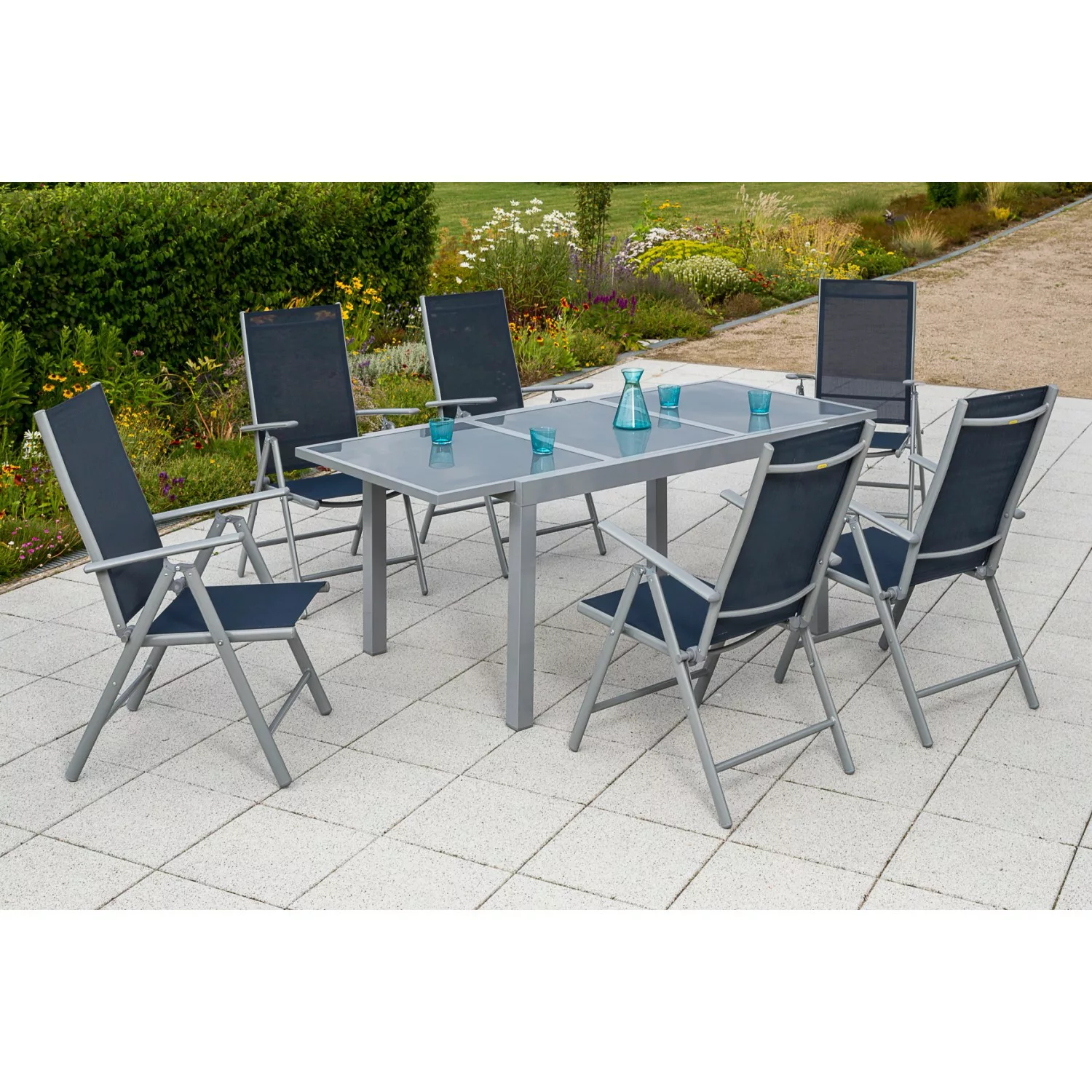 Merxx Gartenmöbel-Esstisch-Set Amalfi Marineblau 7-tlg. inkl. Klappsessel günstig online kaufen