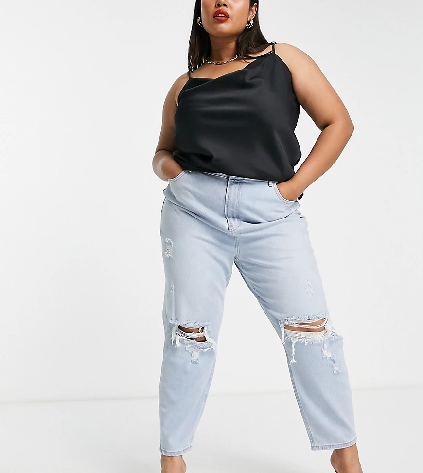 River Island Plus – Mom-Jeans mit Knierissen in Hellblau günstig online kaufen