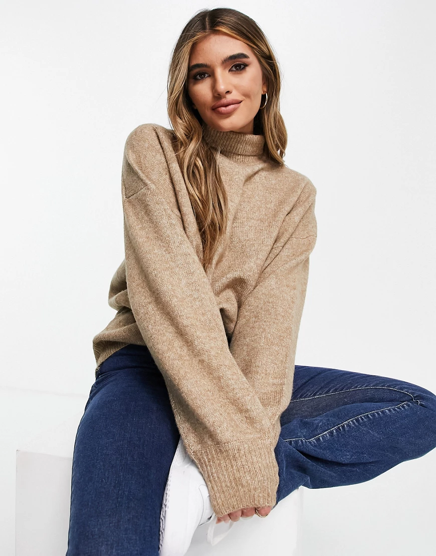 ASOS DESIGN – Hochgeschlossener Pullover in Taupe mit voluminösen Ärmeln-Ne günstig online kaufen