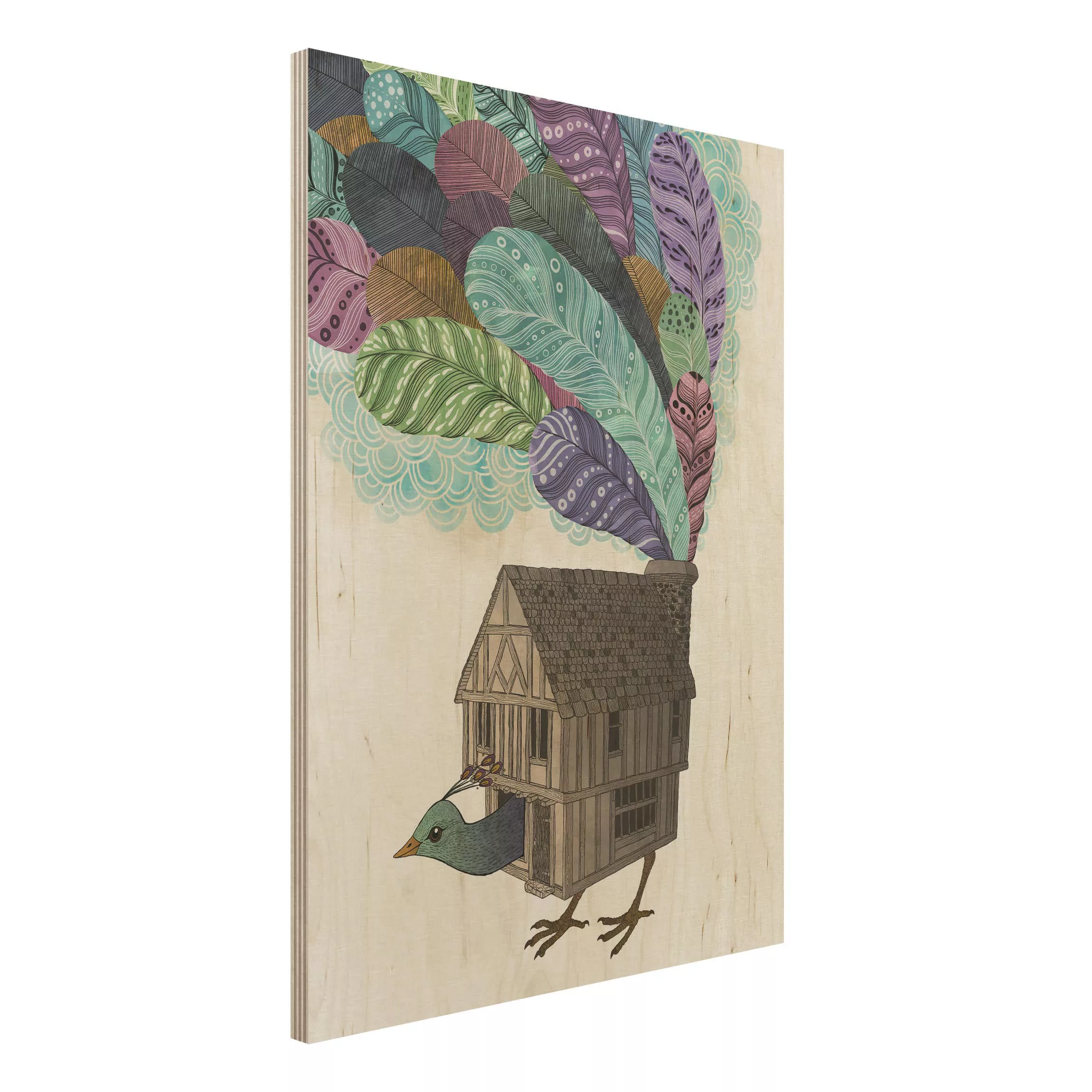 Holzbild - Hochformat 3:4 Illustration Vogel Haus mit Federn günstig online kaufen