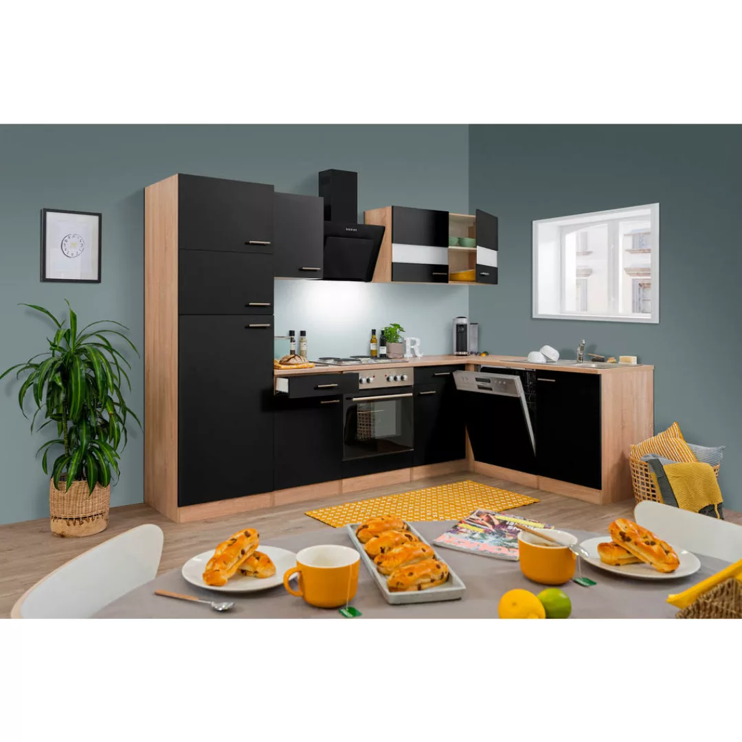 Respekta Winkelküche KBL280ESSS 280 cm Schwarz-Eiche Sonoma Sägerau Nachbil günstig online kaufen