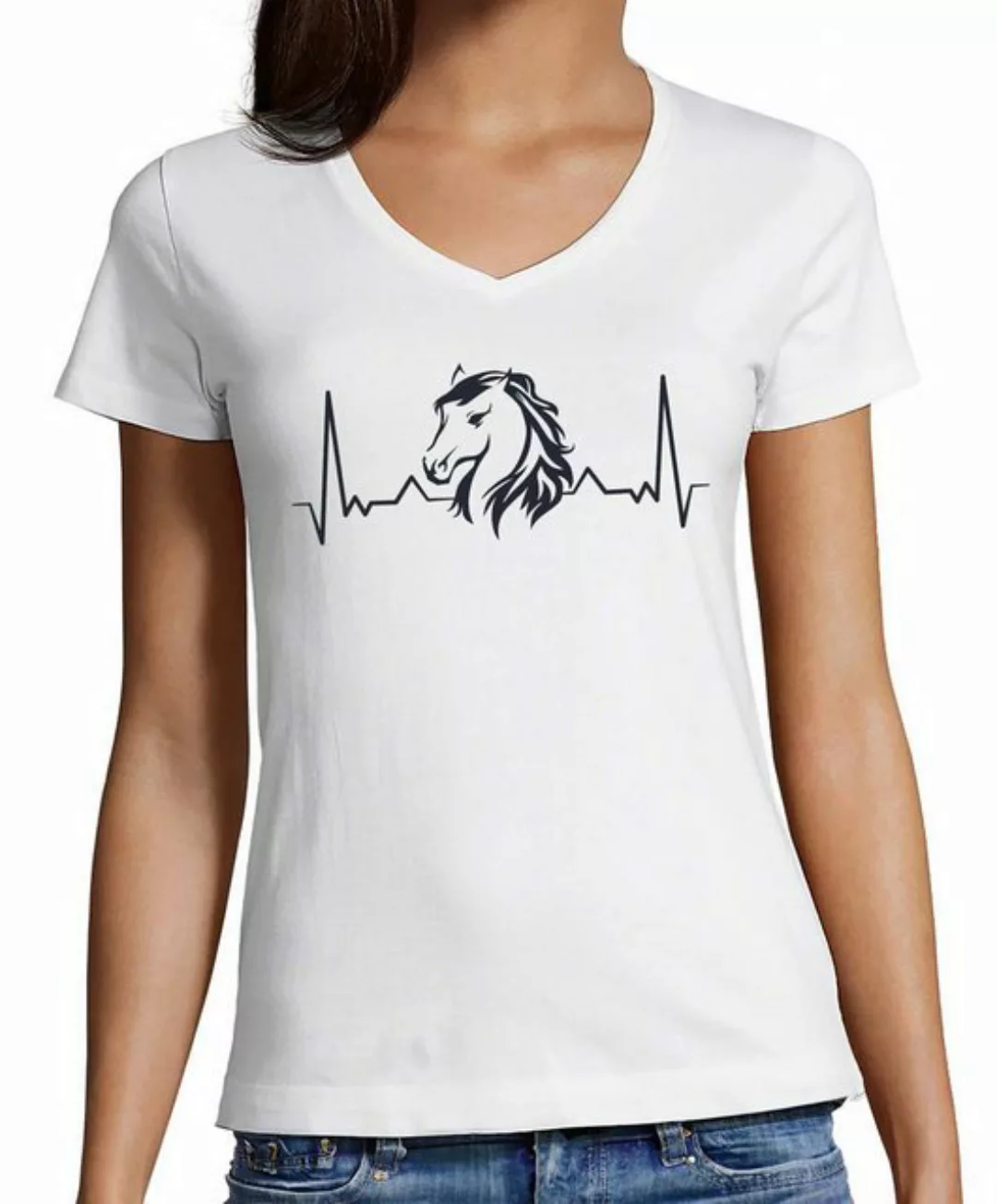 MyDesign24 T-Shirt Damen Pferde Print Shirt - Herzschlag mit Pferdekopf V-A günstig online kaufen