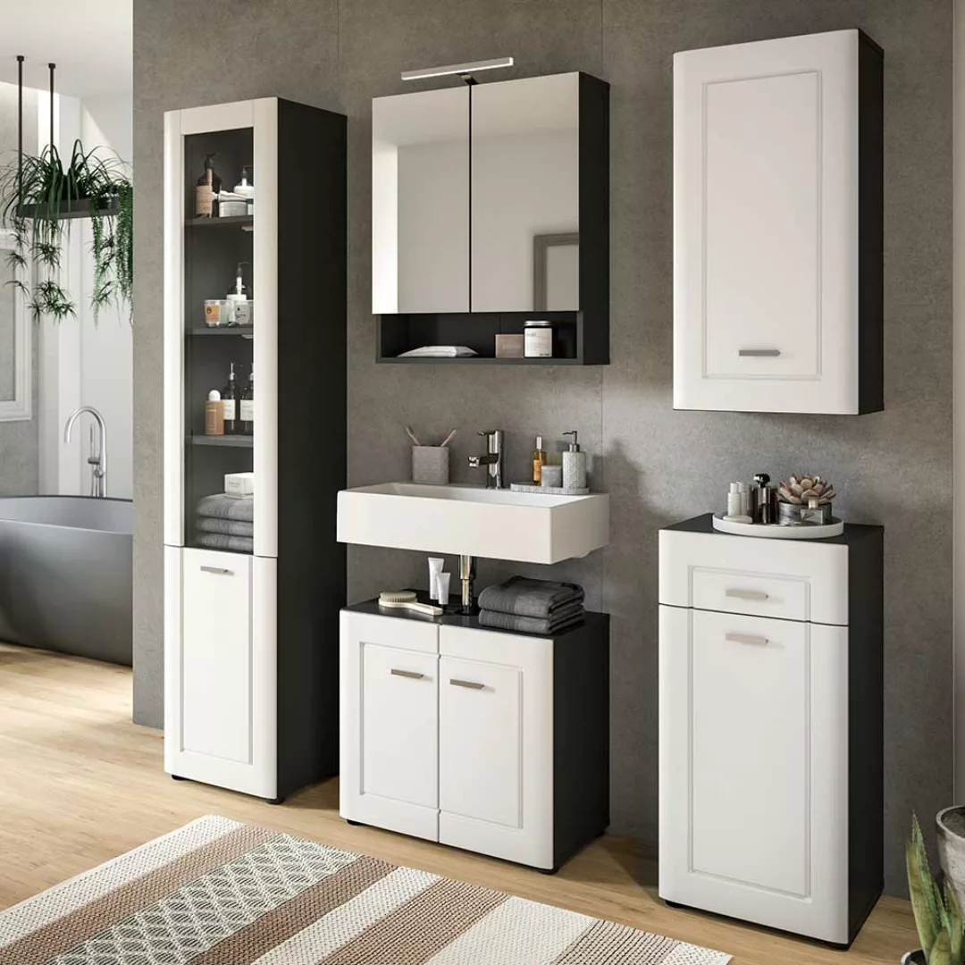 Badmöbel mit Spiegelschrank in Weiß und Grau modernes Design (fünfteilig) günstig online kaufen