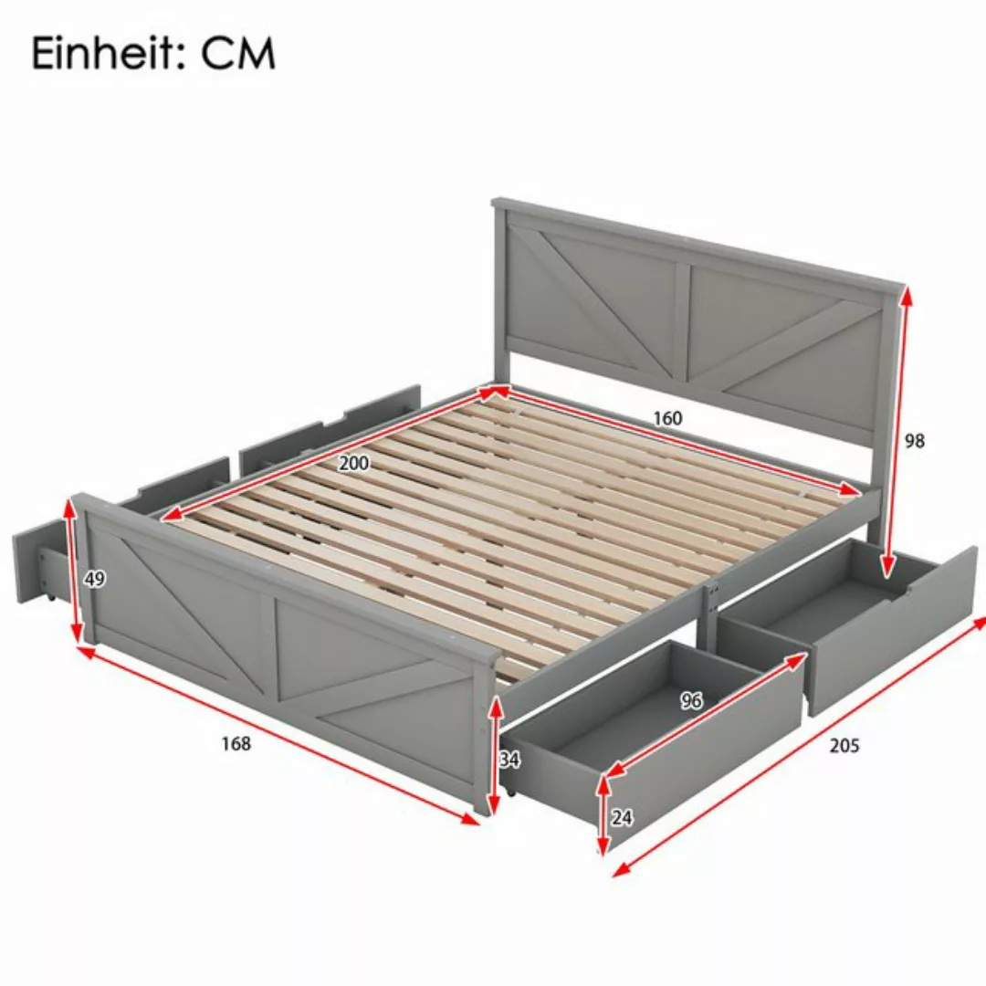 Odikalo Holzbett Doppelbett Pritsch Bett 4 Schubladen Kopfteil 160x200cm We günstig online kaufen