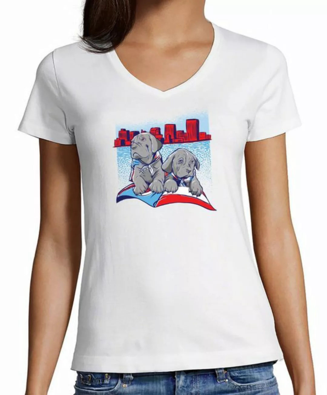 MyDesign24 T-Shirt Damen Hunde Print Shirt - 2 süße Hundewelpen V-Ausschnit günstig online kaufen