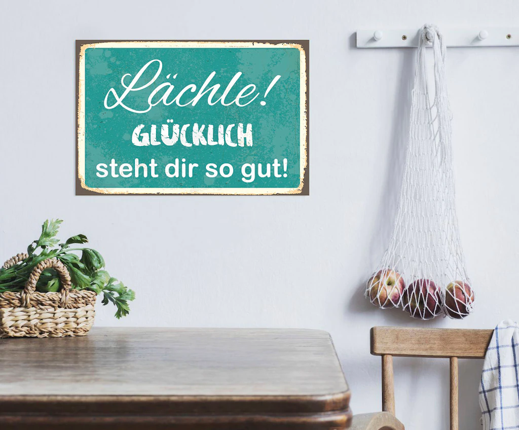 queence Metallbild "Glücklich", Schriftzüge-Schriftzug, (1 St.), Stahlschil günstig online kaufen