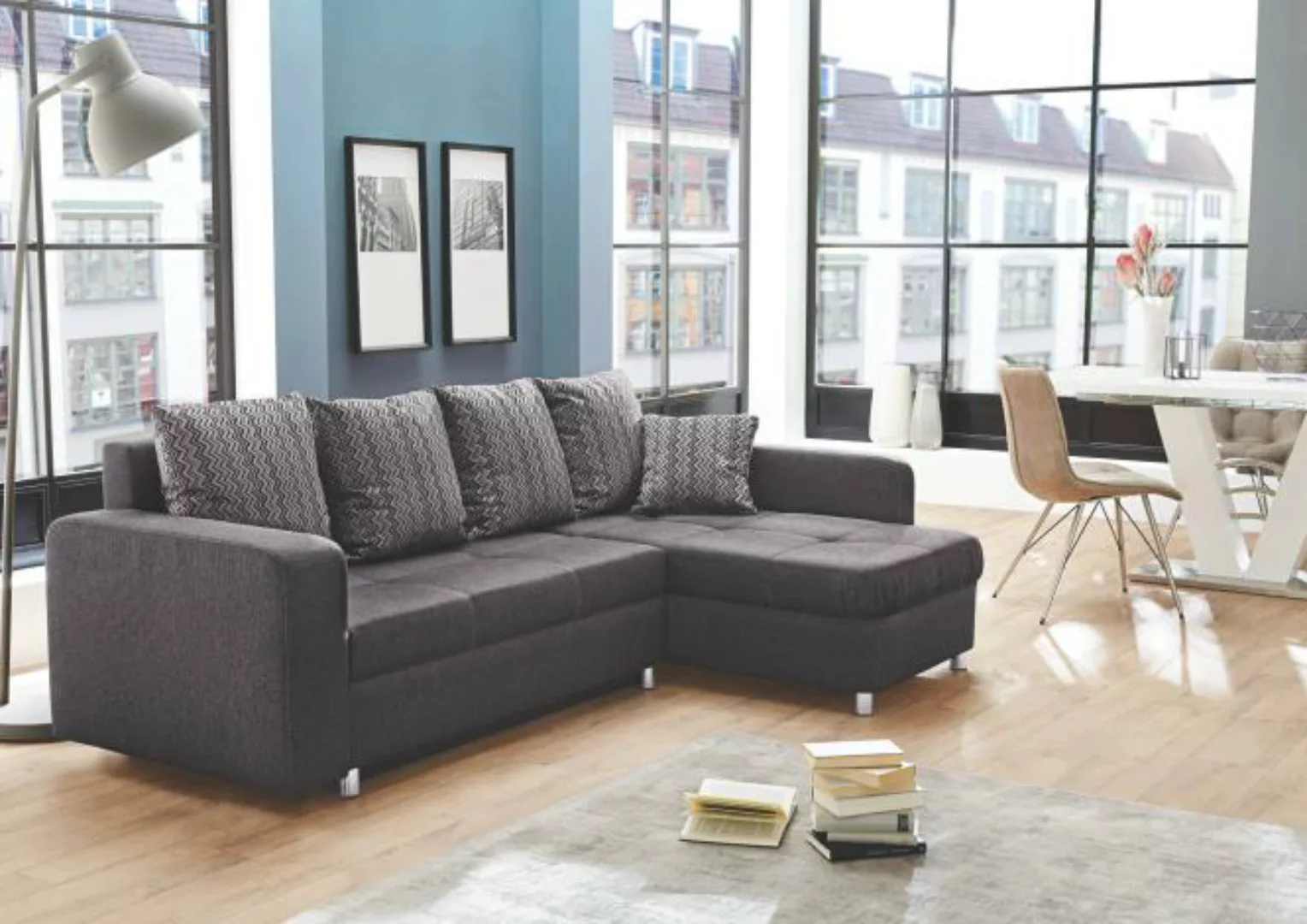 Ecksofa klein mit Schlaffunktion und Bettkasten Grau-Schwarz 235 x 154 cm b günstig online kaufen