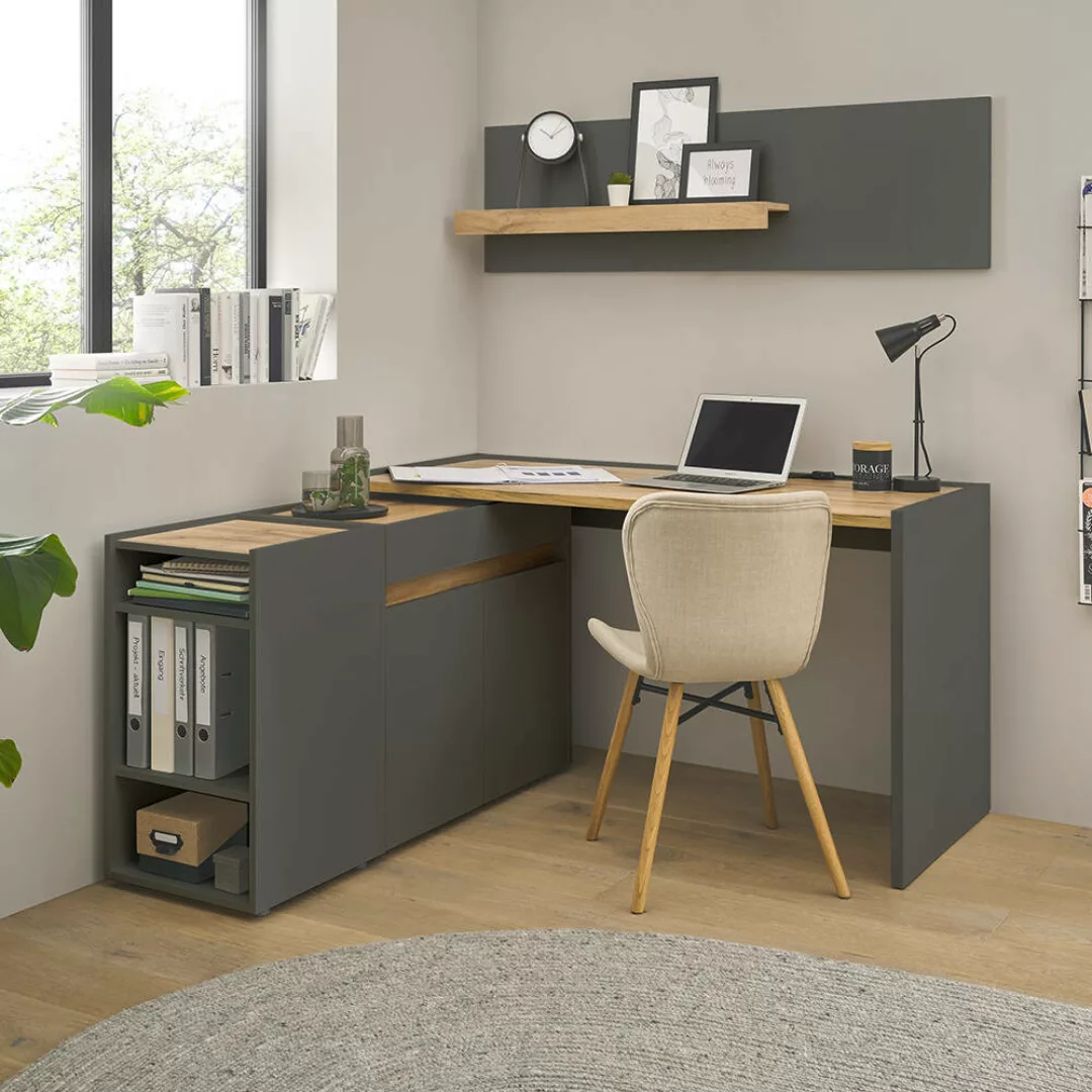 Büromöbel Set anthrazit mit Eiche CRISP-61 modern 4-teilig mit Schreibtisch günstig online kaufen