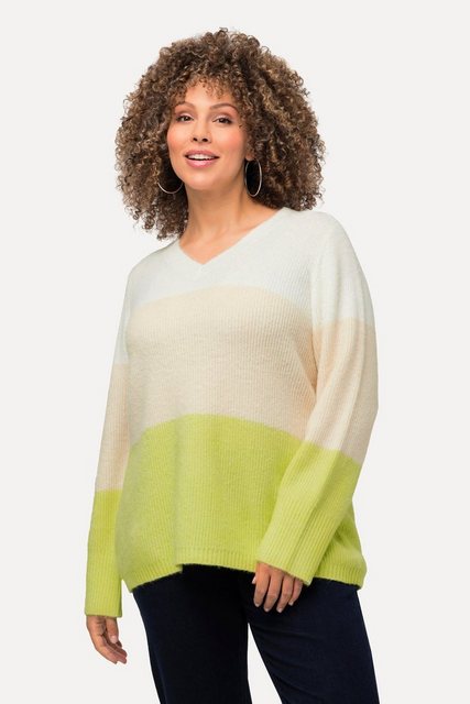 Ulla Popken Strickpullover Pullover Blockstreifen V-Ausschnitt Langarm günstig online kaufen