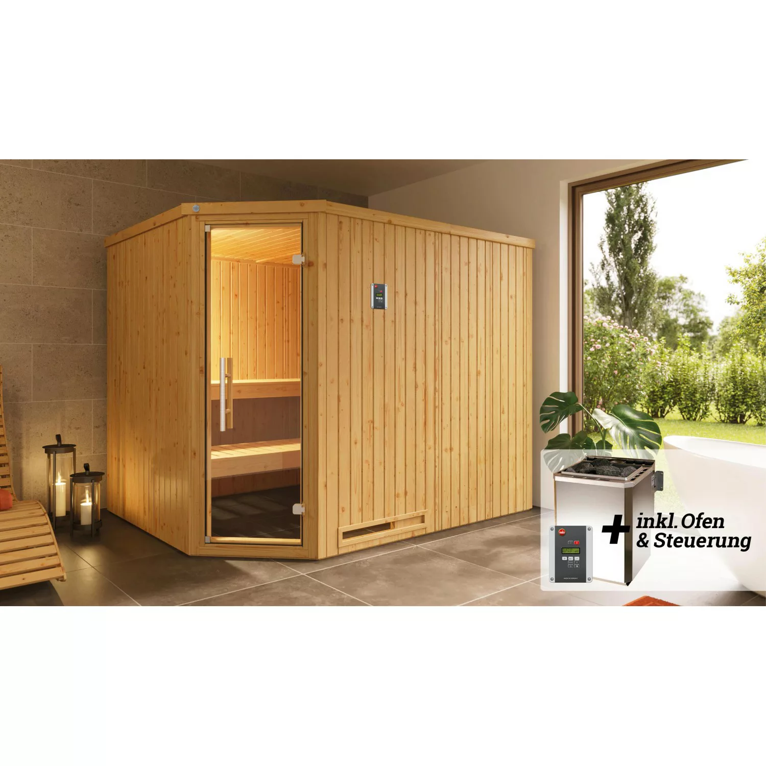 Weka Elementsauna Varberg Eck 4 Sparset 7,5 kW BioS digi. Steuerung Glastür günstig online kaufen