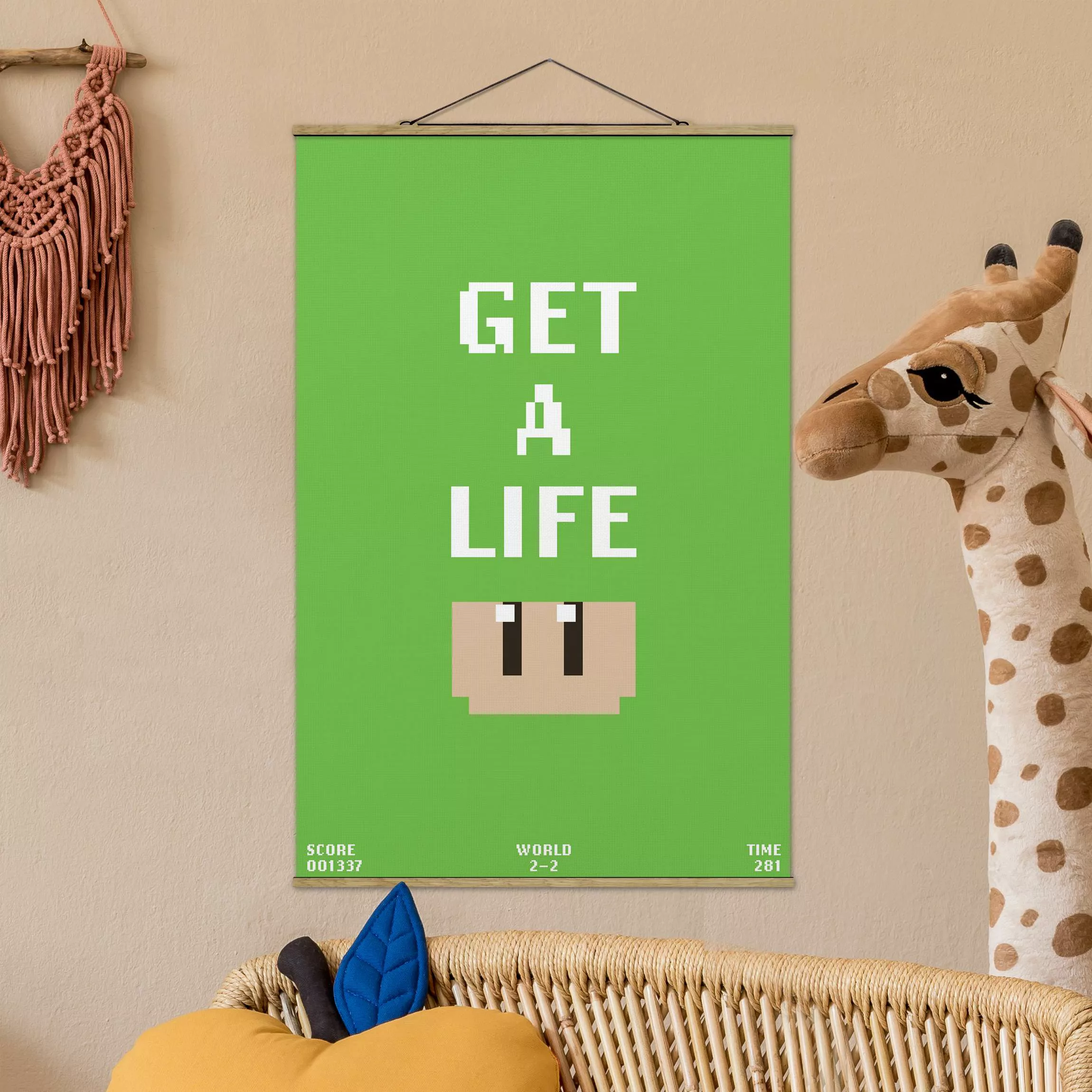 Stoffbild mit Posterleisten Videospiel Spruch Get A Life in Grün günstig online kaufen